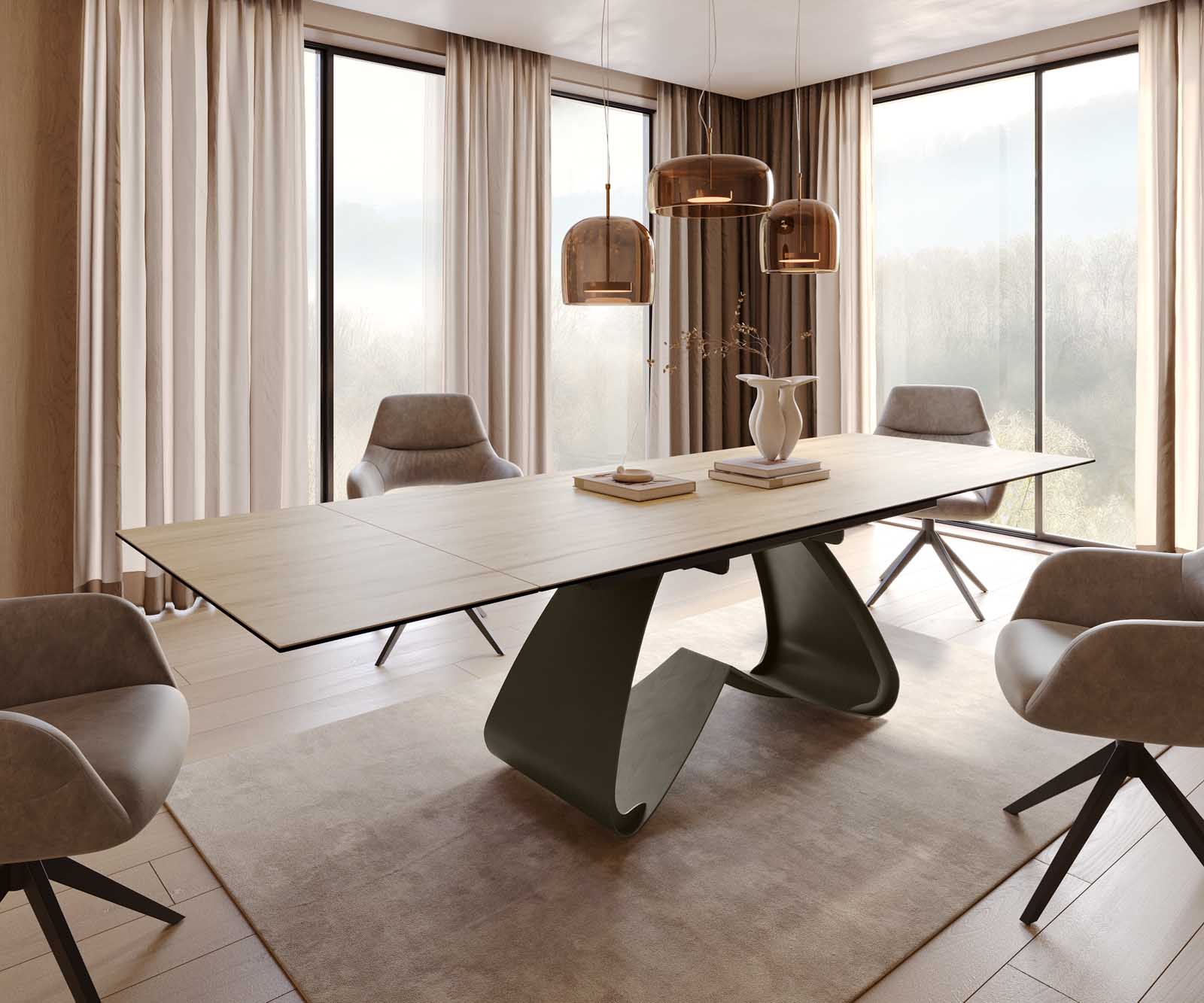 Разтегателна трапезна маса Edge 200-300x100 см Керамика Laminam® Sabbia Цвят дъб W-образна основа Титаниев цвят 1