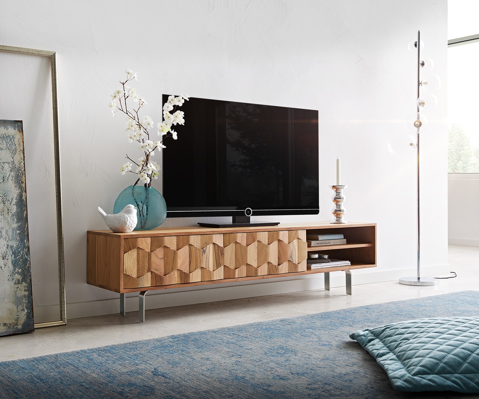 ТВ шкаф Fevo 160 cm Масив Акация, 2 Врати, Г-Крак, Натурален 