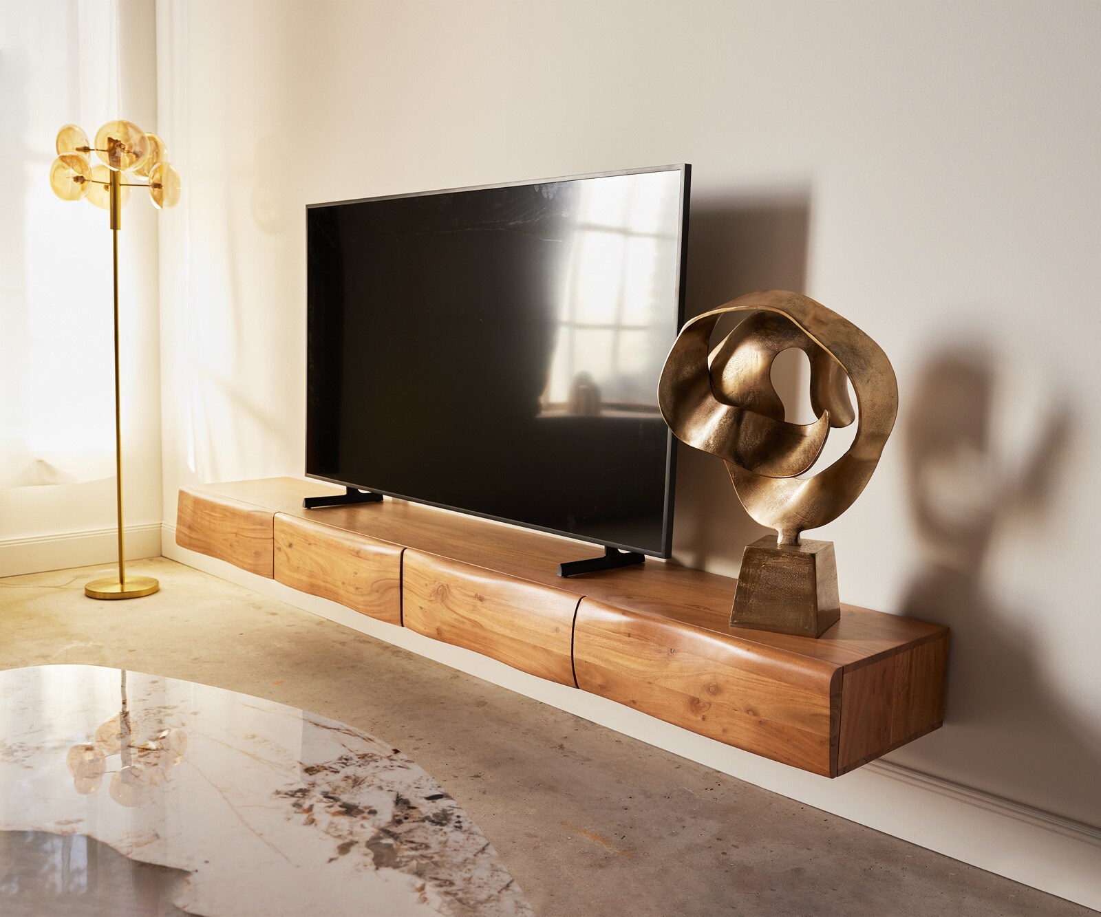 Стенен ТВ шкаф New Live-Edge 240 cm Масив Акация 4 Чекмеджета Натурален цвят