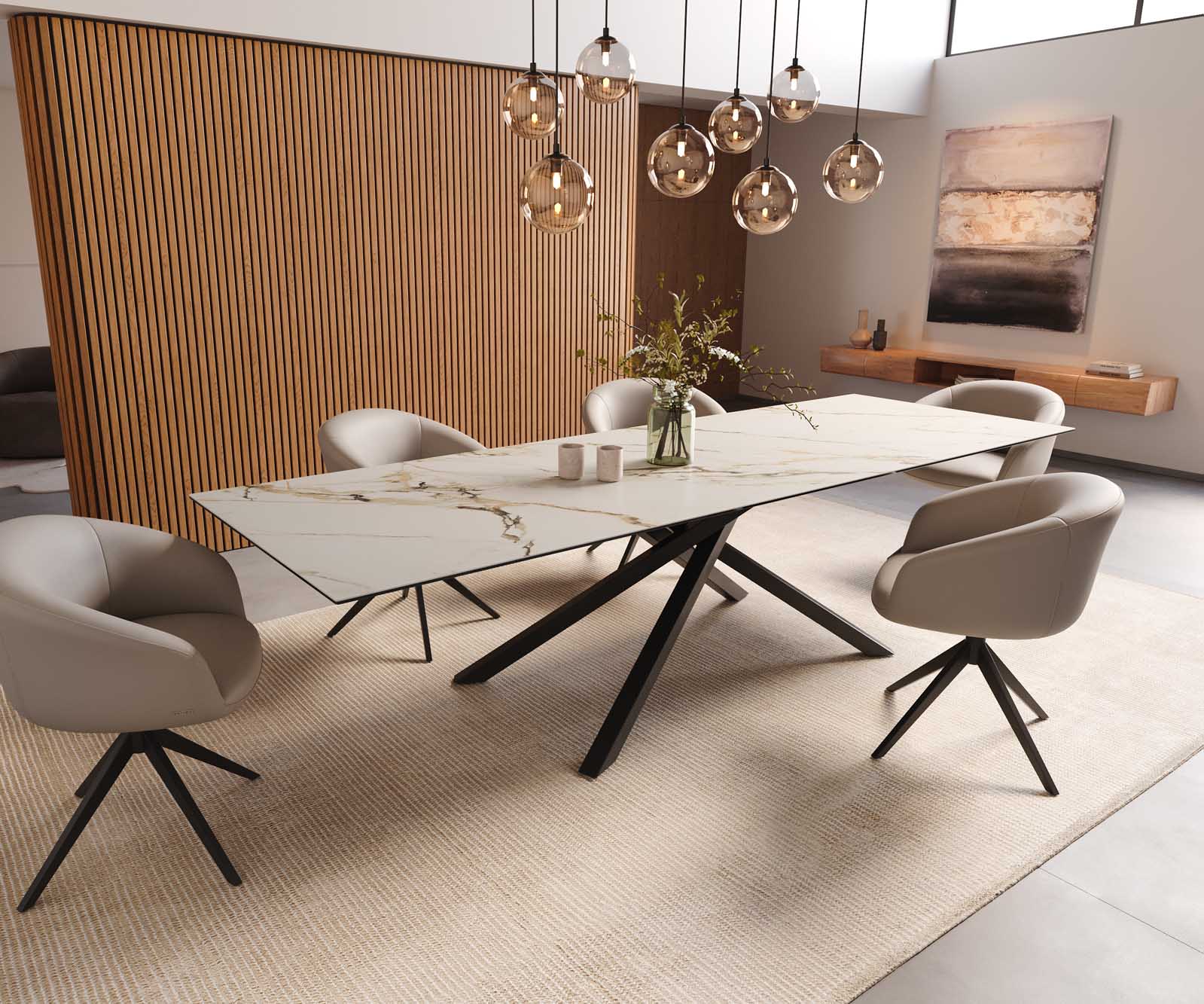 Трапезна маса Edge 300x100, керамика Calacatta Luxe, бяло-златно-сиво, кръстообразна рамка, правоъгълна, черна 8