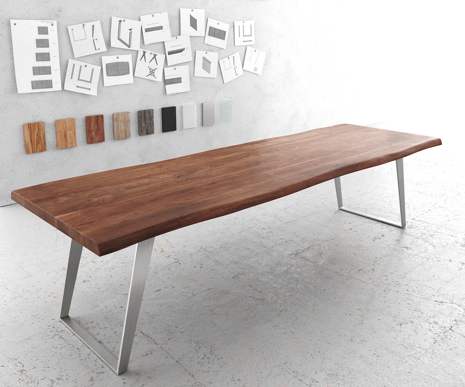 Маса 300x100cm XL Акация Кафяв Неръждаема стомана Сребрист под ъгъл Edge 1