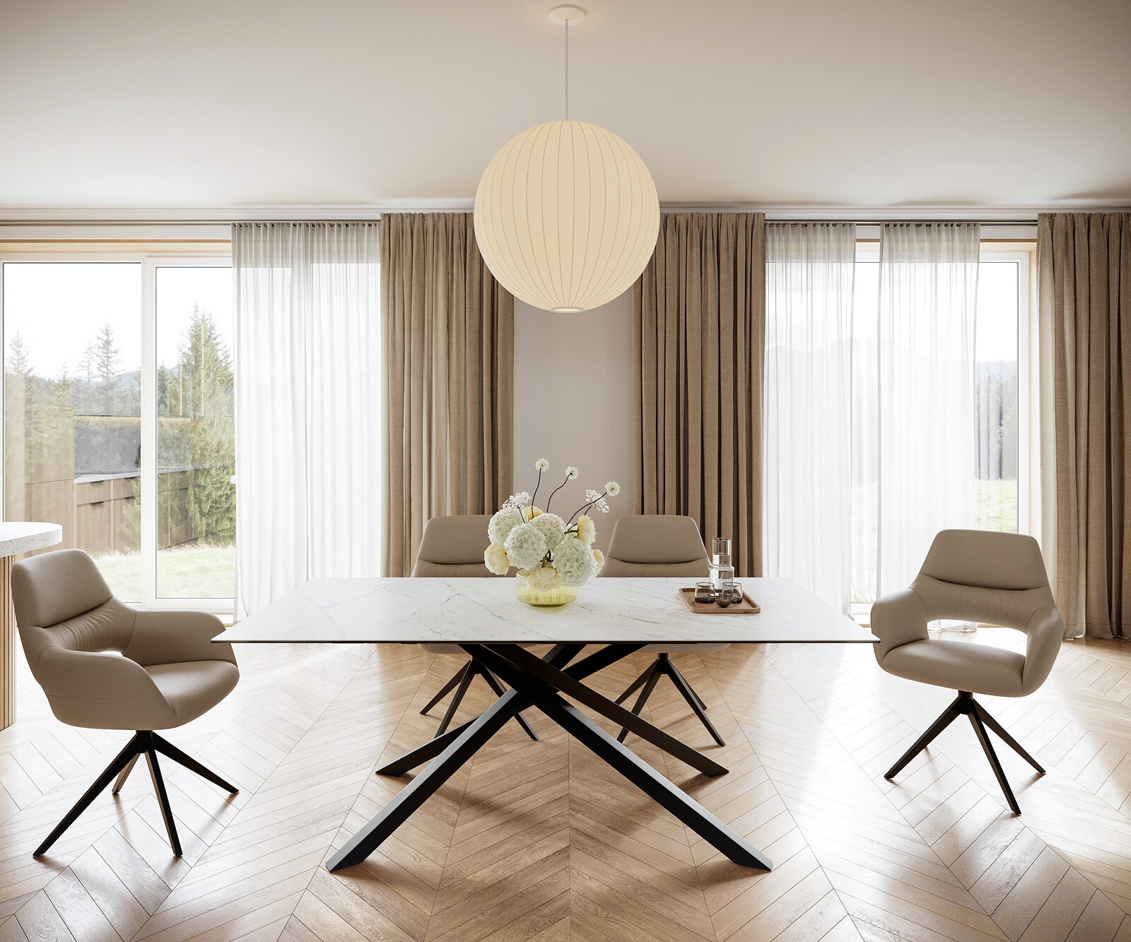 Маса 200x100cm Keramik Laminam®Statuarietto Бял среден крак Кръст Черен Edge 1