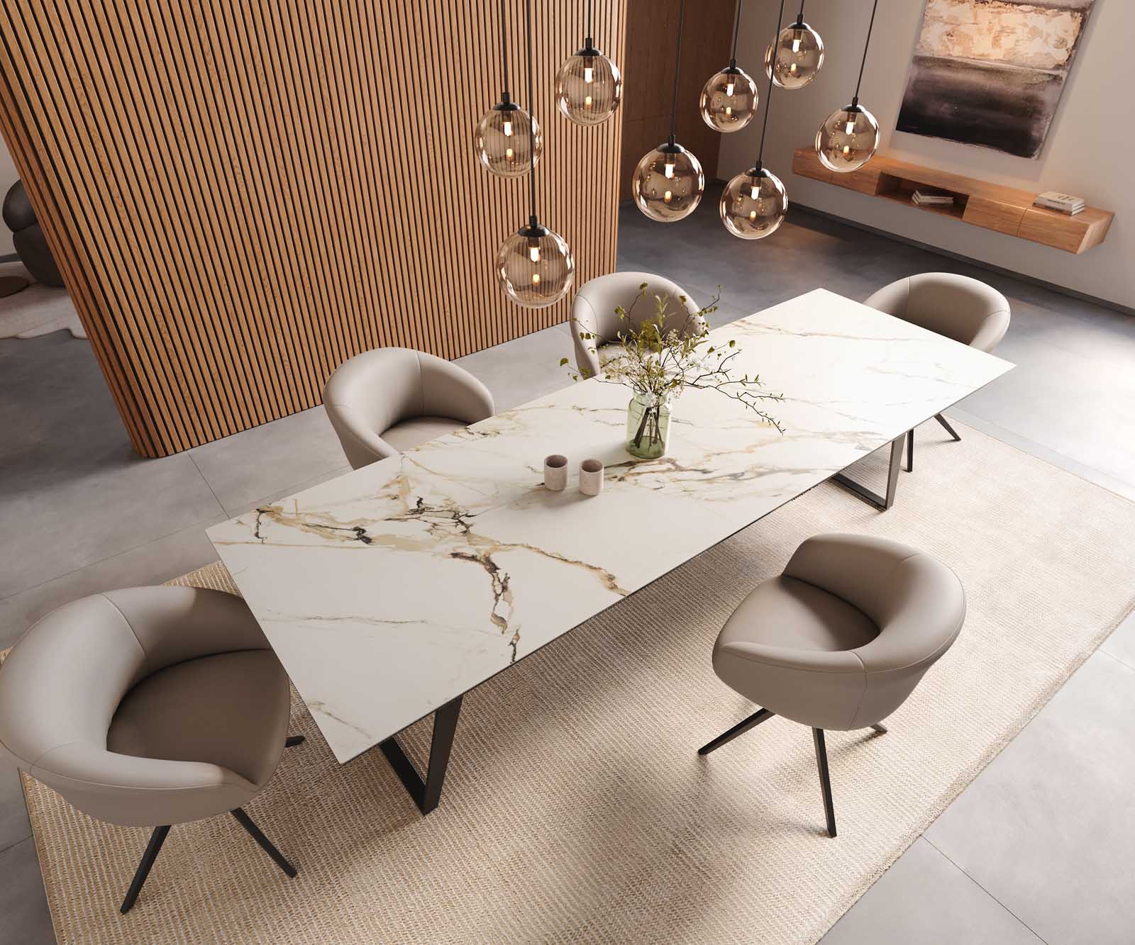 Маса 300x100 Keramik Calacatta Luxe Бял-Злато-Сив Метал под ъгъл Черен Edge 5