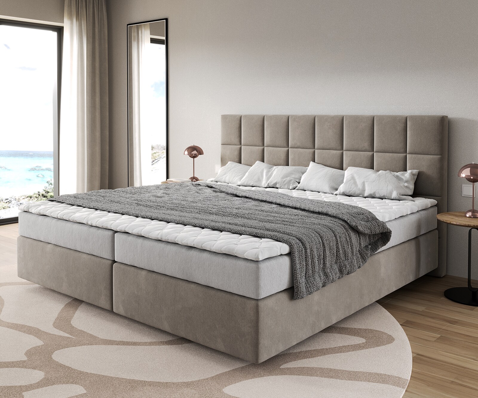Легло Боксспринг Микрофибър Бежов 200x200 cm Бонел-Матрак PU-Топер Dream-Fine