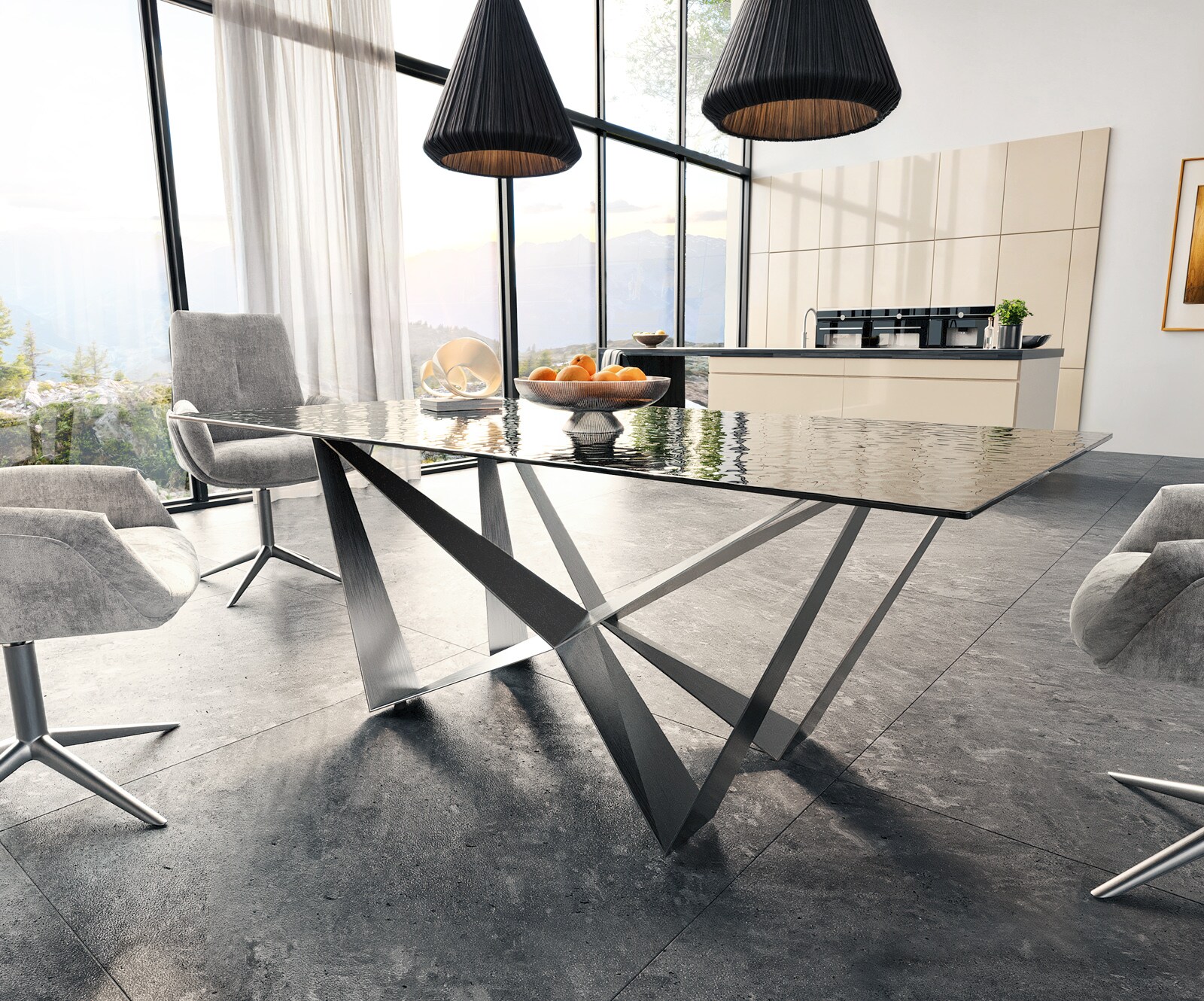 Edge трапезна маса 200x100 Relief стъкло опушено черно 3D дизайн Spider плоска стомана неръждаема стомана 3