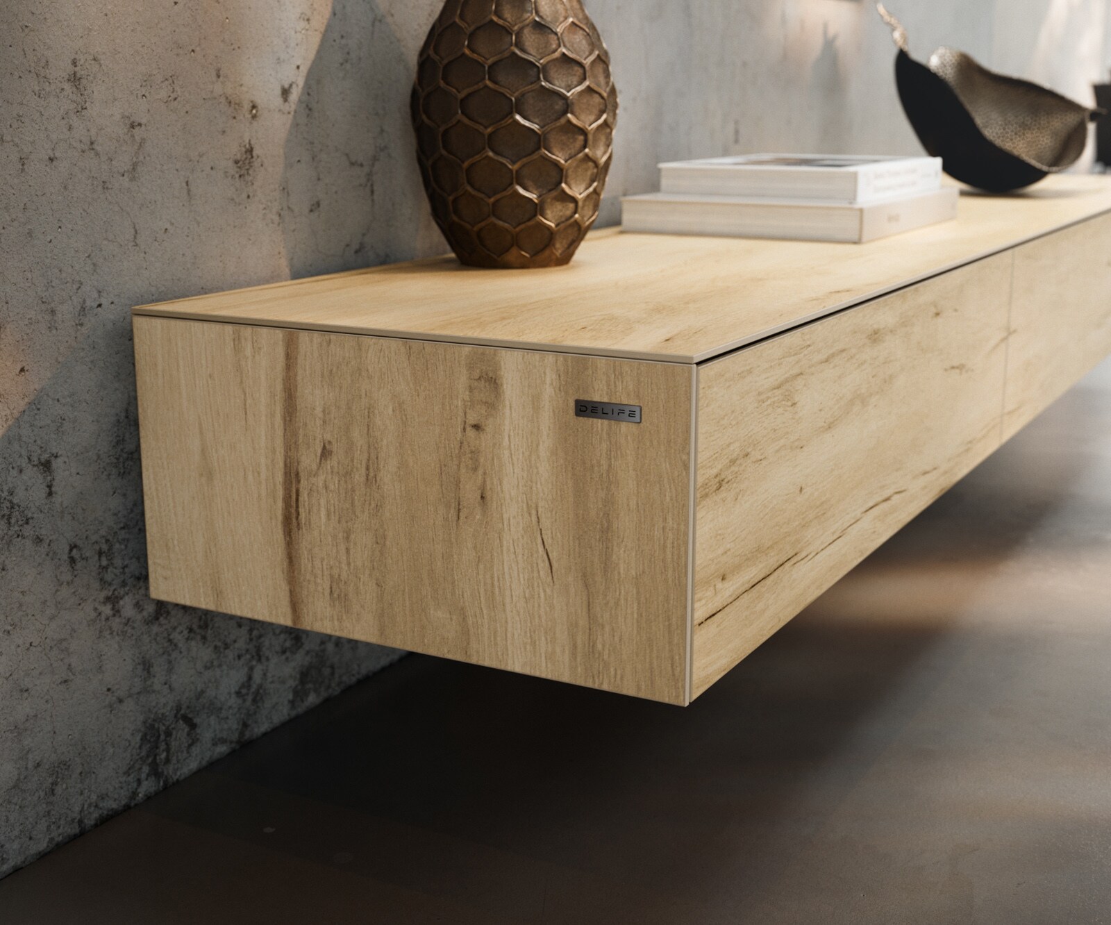 ТВ шкаф Cuor 200 см Керамика Laminam® Sabbia Дъбов цвят 1 врата 1 чекмедже Основа неръждаема стомана 5