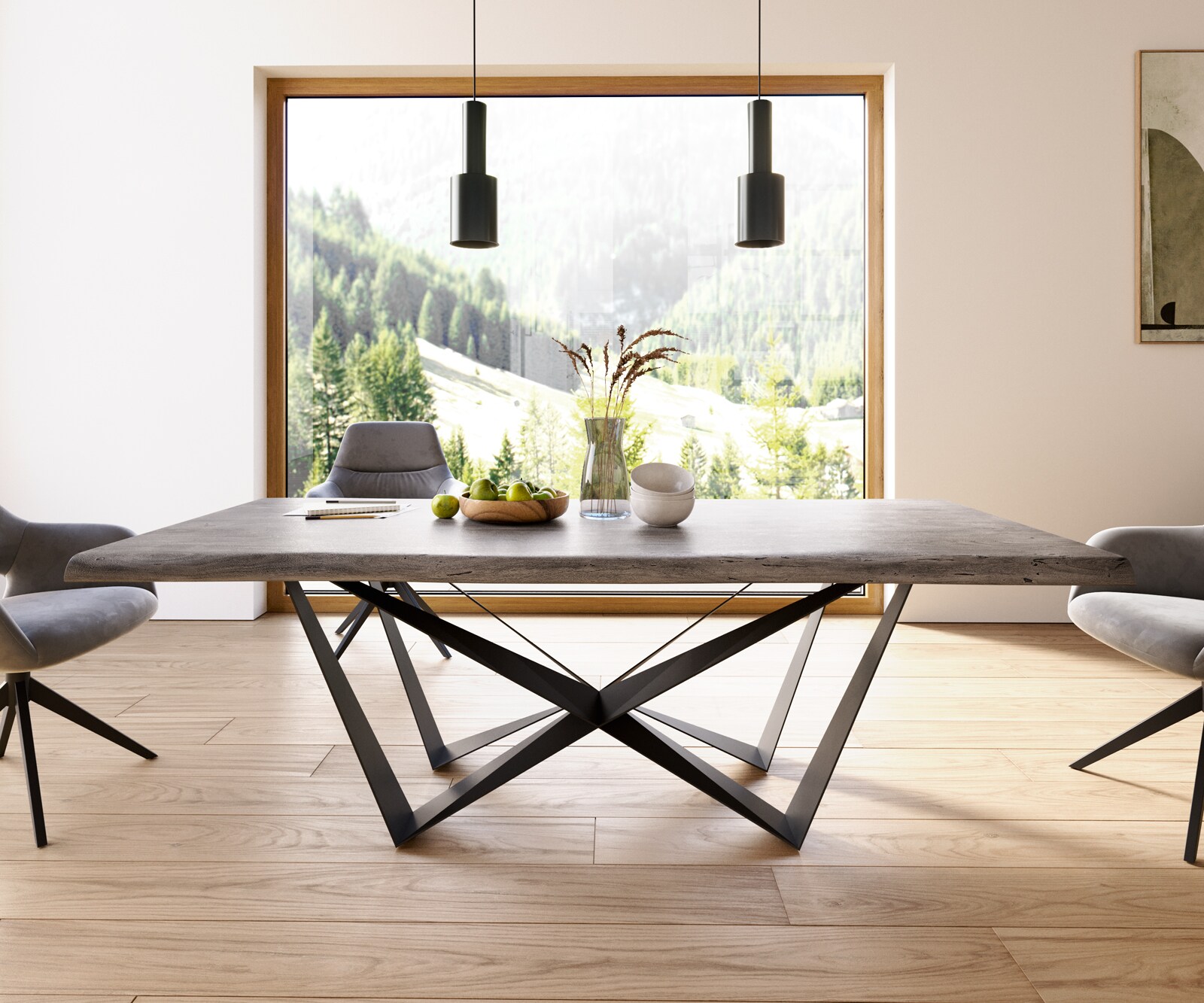 Трапезна маса Edge 220x100 XL от акация, „Платина“, „Спайдър“, плоска стомана, черна, с естествени ръбове 1