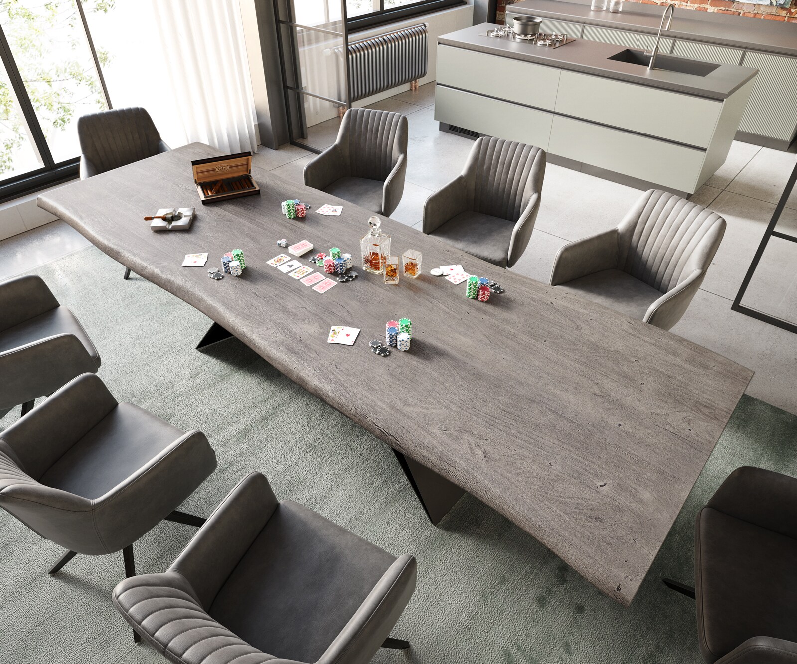 Маса 300x100 XL Акация Платинен цвят V-Рамка плоска стомана Черен Edge 1