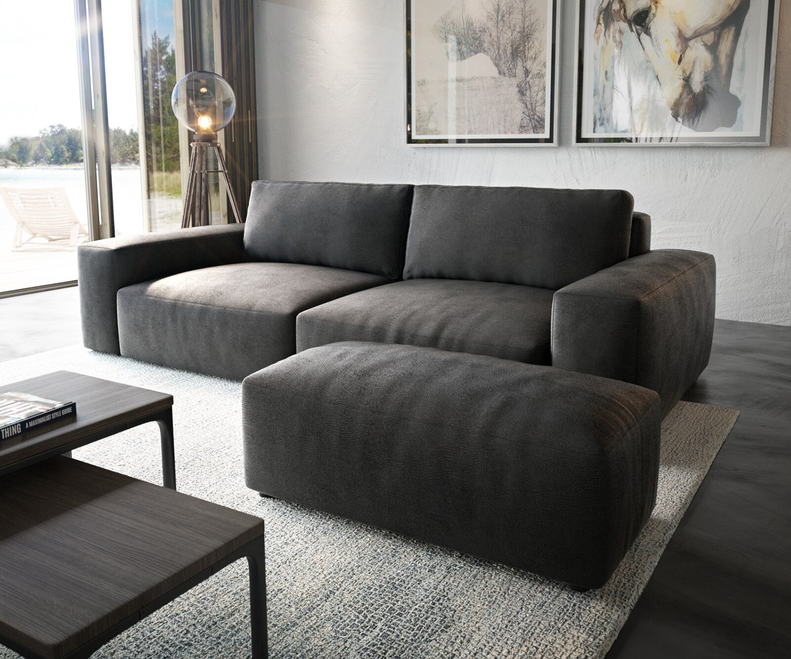 Голям диван Lanzo XL 270x130 sm Имитация на кожа Винтидж Антрацит с табуретка 
