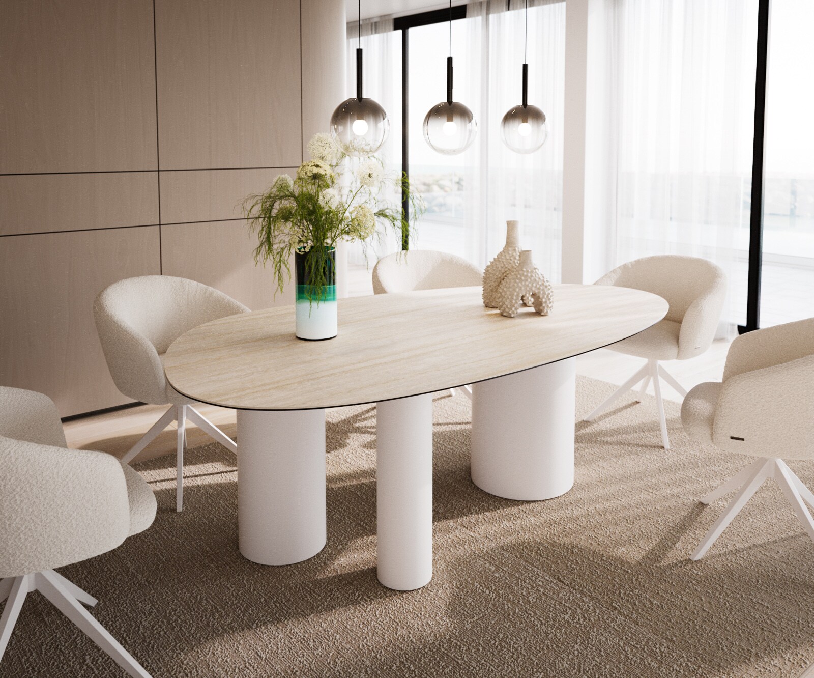 Трапезна маса Edge Oval 220x120, керамика Laminam „®“, Travertino Bianco, кремаво-бяла, Troa, метал, бяла