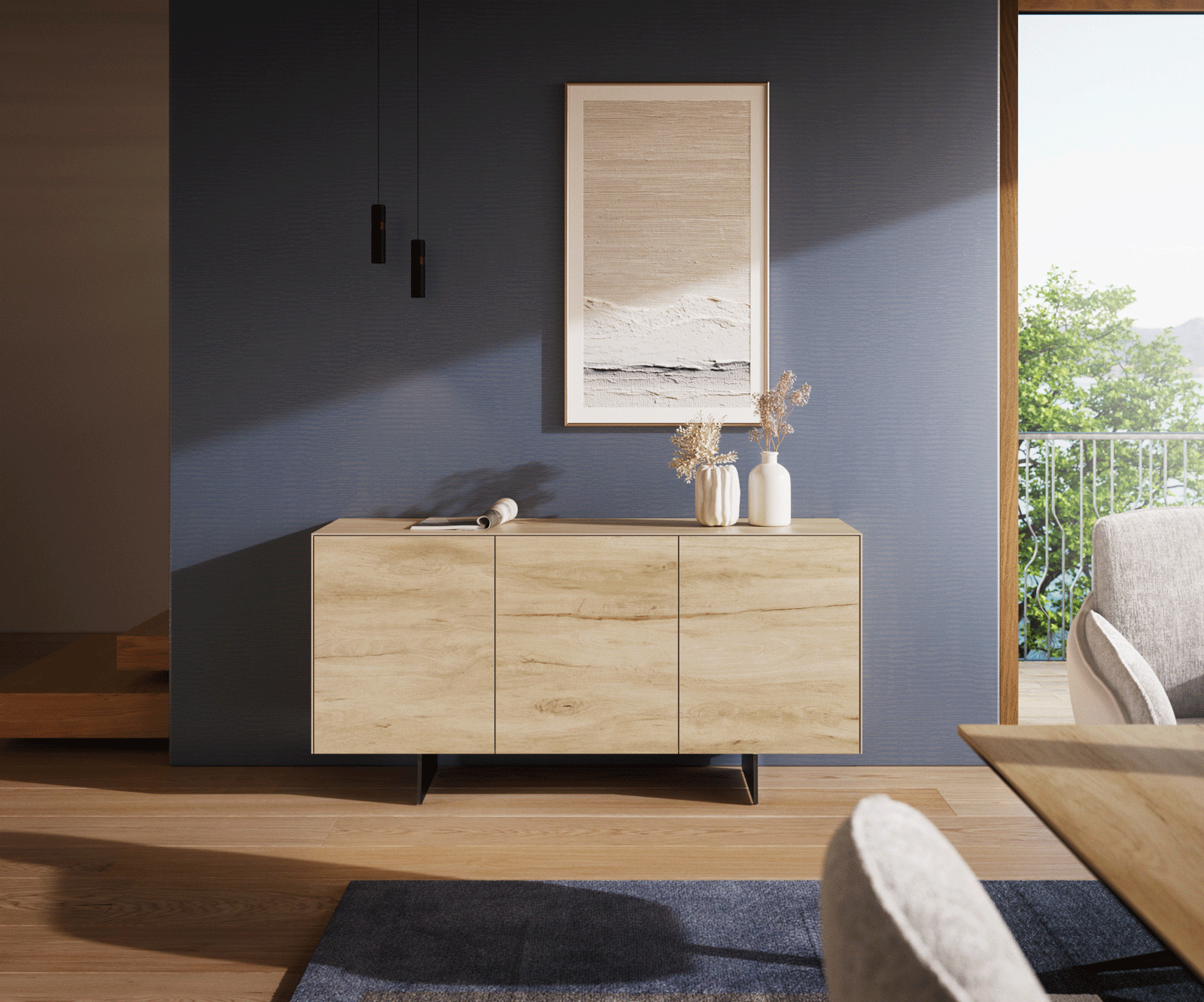 Бюфет Cuor 150 см Керамика Laminam® Sabbia Дъбов цвят 3 врати Основа Метал Черен 1