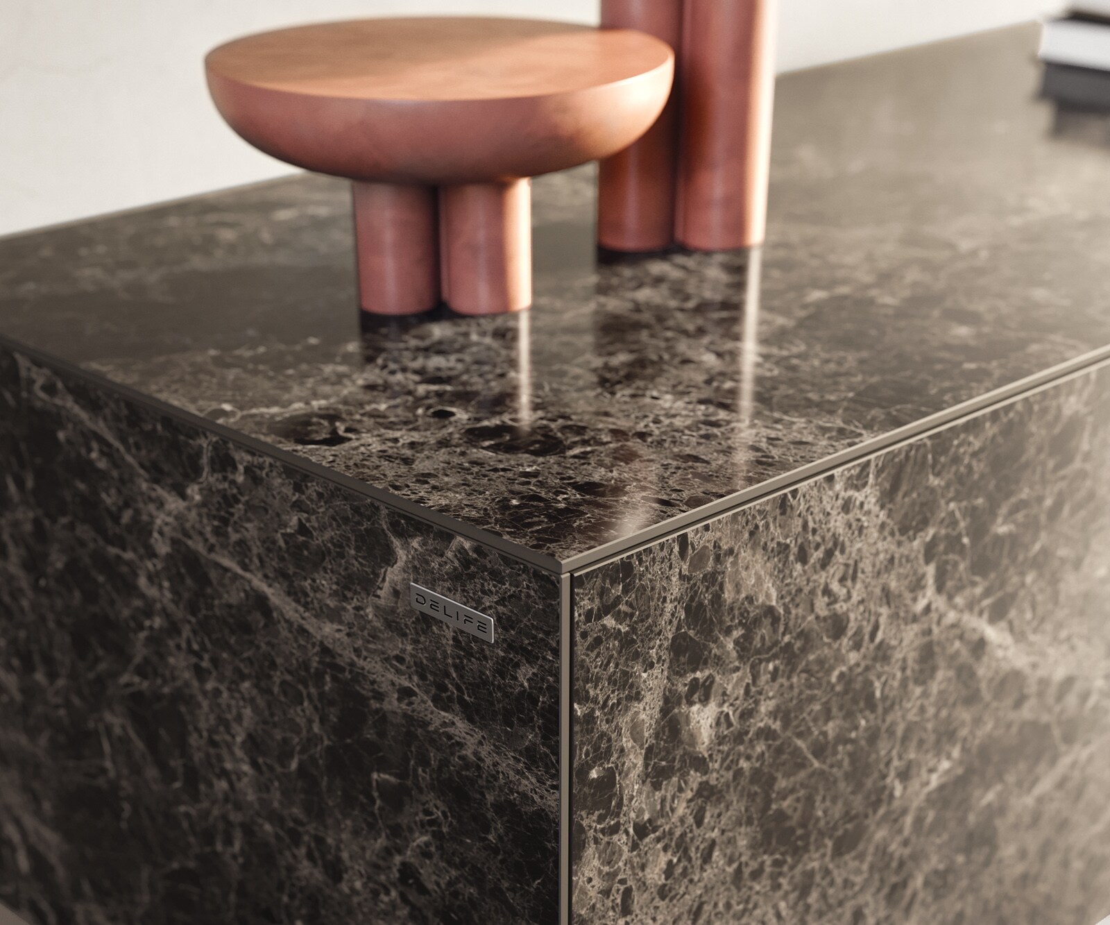 Ниска дъска Cuor 220 см керамика Laminam® Emperador Extra Lucidato Тъмно кафяво 1 клапа 2 чекмеджета Основа Плаващо акрилно стъкло 6