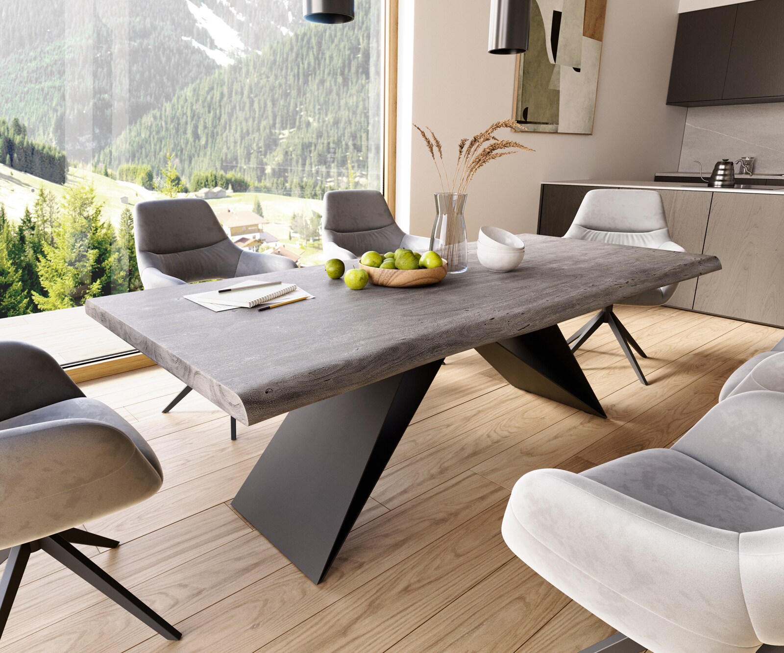 Трапезна маса Edge 220x100 XL от акация, цвят „Платина“, V-образна рамка от плоска стомана, черна, с естествени ръбове
