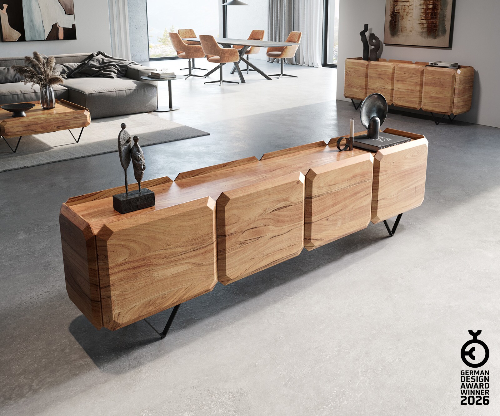 ТВ шкаф Kiano 220 cm естествена акация 4 врати V-образен фут черен Разделител за стая