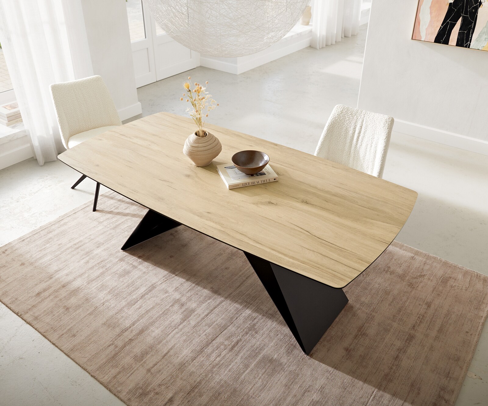 Маса Boot 200x100 Keramik Laminam® Sabbia Дъбцвят V-Рамка плоска стомана Черен Edge 3