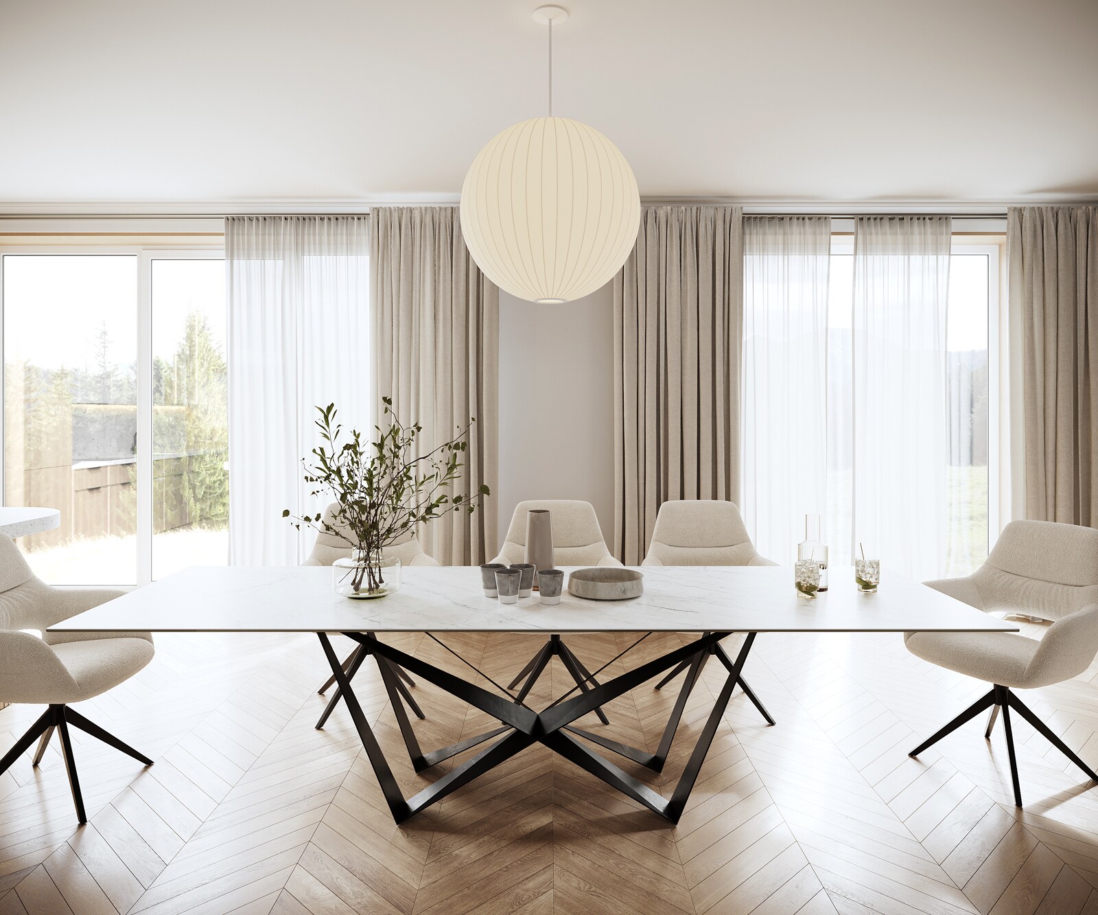 Маса 300x100cm Keramik Laminam®Statuarietto Бял среден крак плоска стомана Черен Edge