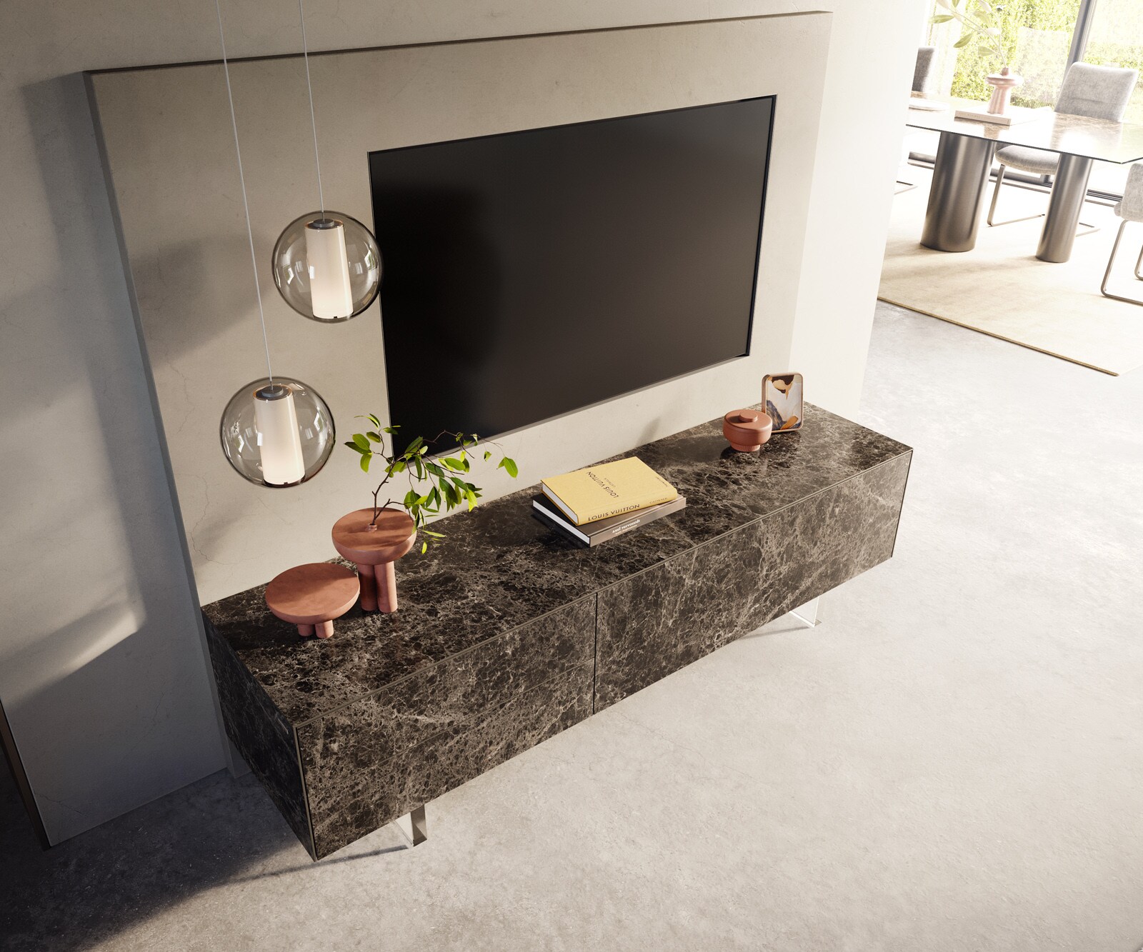 ТВ шкаф Cuor 180 см керамика Laminam® Emperador Extra Lucidato Тъмно-кафяво 1 врата 2 чекмеджета Основа Акрилно стъкло 4
