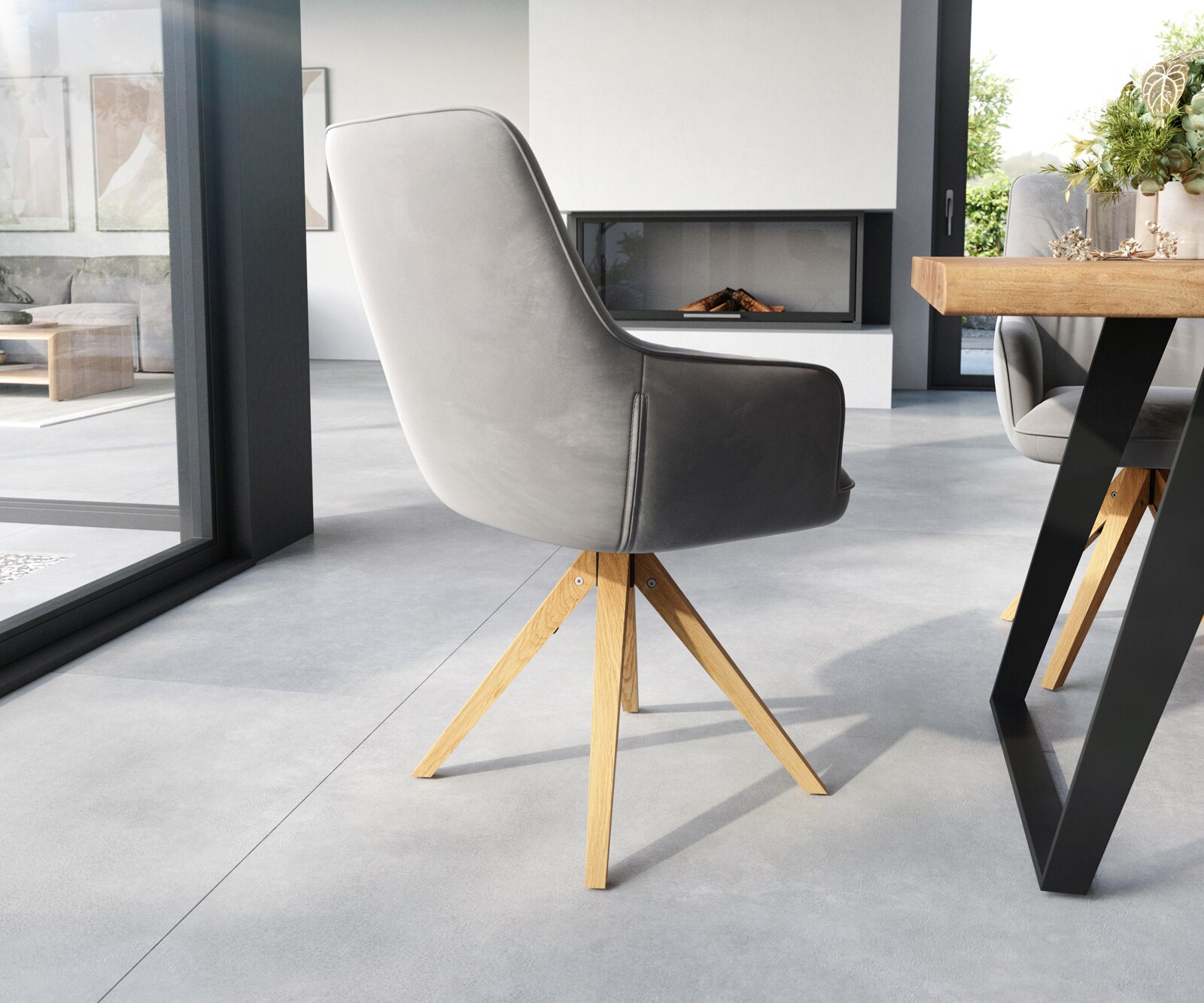 Врътящ се стол с подлакътници Кадифе Сив Дървена рамка  180° въртящ се Покет пружина Zelia-Flex 4