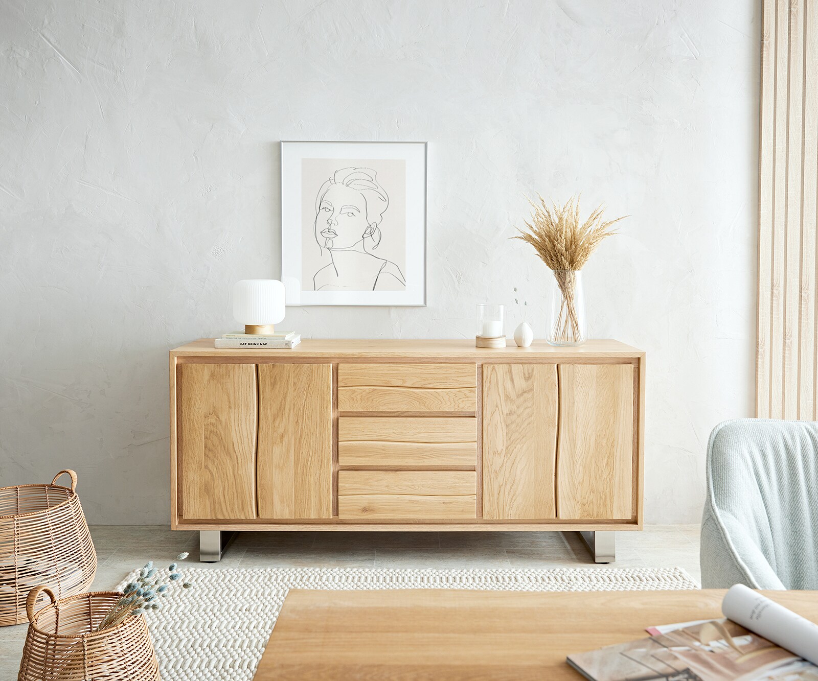 Бюфет Live-Edge 170 cm, естествен дъб 3 чекмеджета 4 врати 4