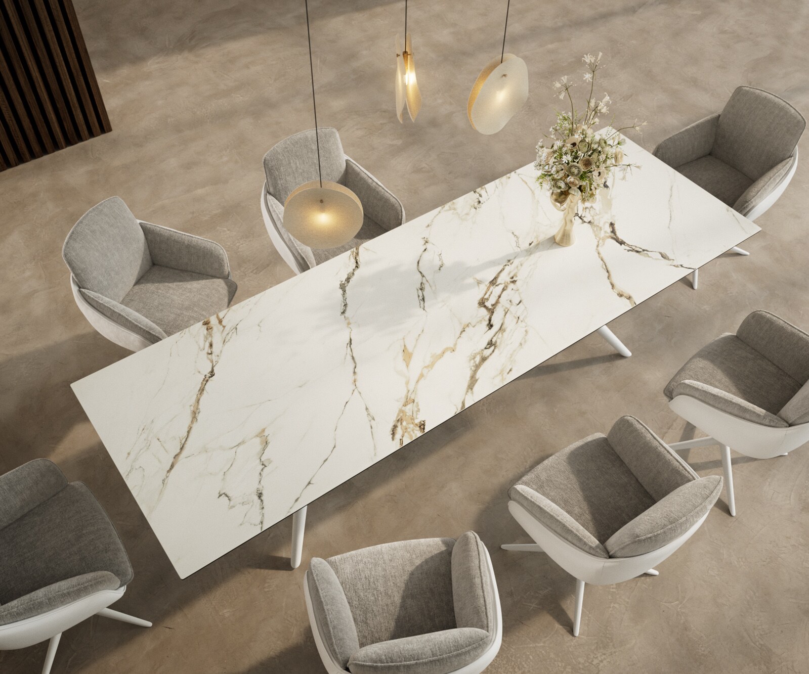 Трапезна маса Edge 300x100, керамика Calacatta Luxe, бяло-златно-сиво, Estelar, кръгла, метална, бяла 3