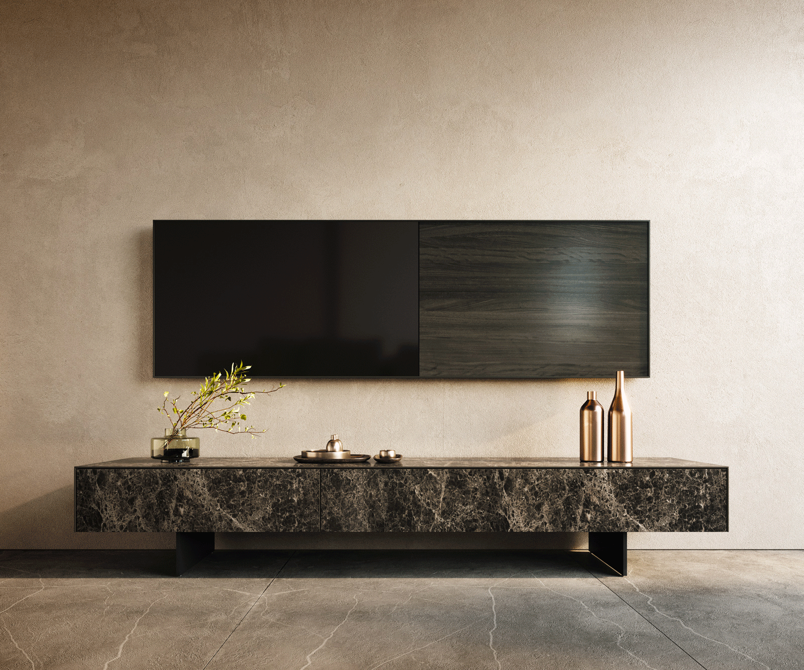 Ниска дъска Cuor 200 cm Керамичен ламинат® Emperador Extra Lucidato Тъмно кафяво 1 клапа 1 чекмедже Основа Окачен вид Метал Черен 1