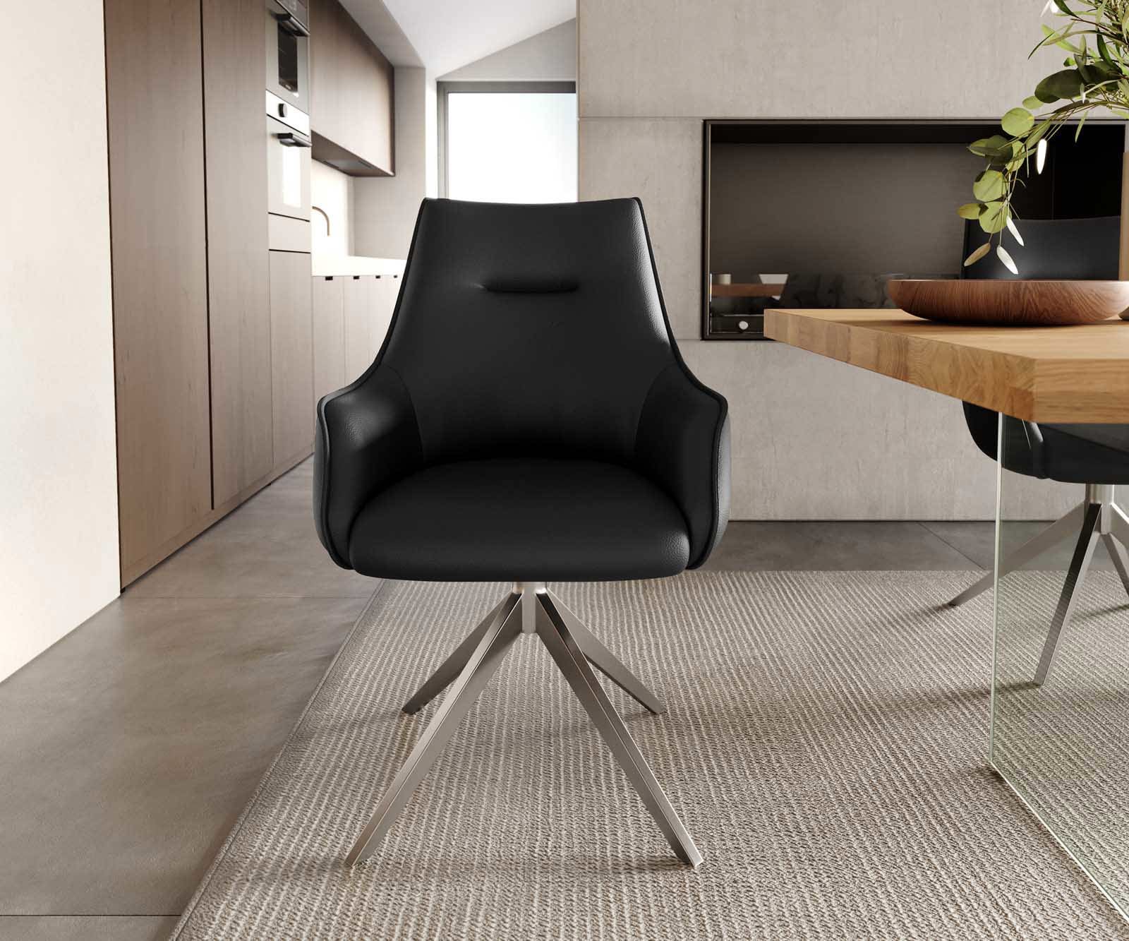 Врътящ се стол с подлакътници Естествена кожа Черен Конус крак плосък Неръждаема стомана 360° въртящ се Покет пружина Alja-Flex 1 Врътящ се стол с подлакътници Естествена кожа Черен Конус крак плосък Неръждаема стомана 360° въртящ се Покет пружина Alja-Flex 1