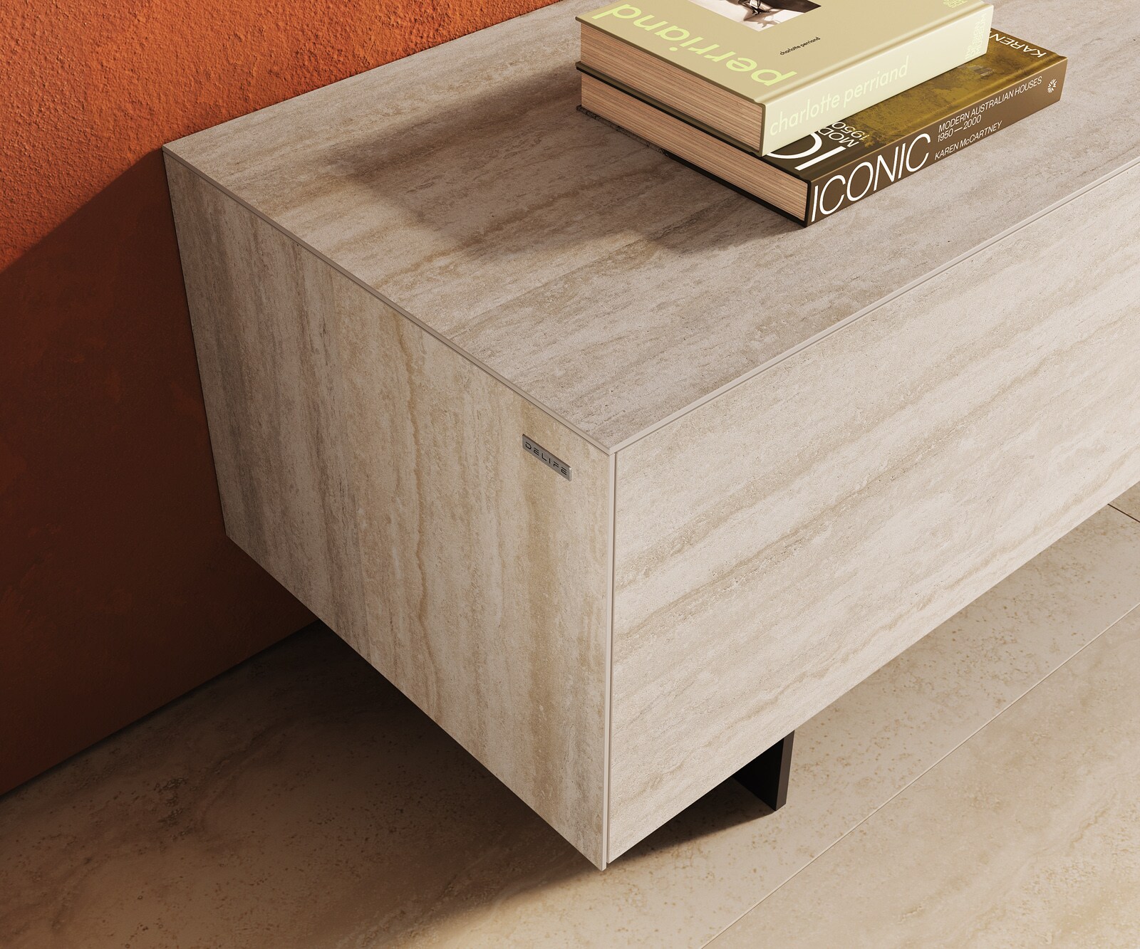 Ниска дъска Cuor 220 cm Керамичен ламинат® Travertino Bianco Крем-бяло 1 клапа 2 чекмеджета Основа Окачен вид Метал черен 6