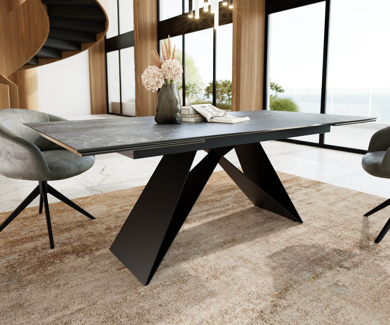 Маса 200-300x100 Keramik Laminam®Nero Greco Антрацит V-Рамка плоска стомана Черен разтегателна Edge 2