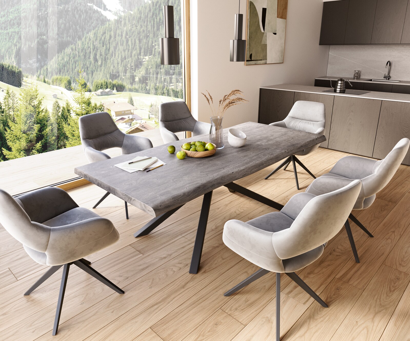 Трапезна маса Edge 220x100 XL от акация, платинен цвят, кръстообразна конструкция, правоъгълна, черна, с естествени ръбове 6