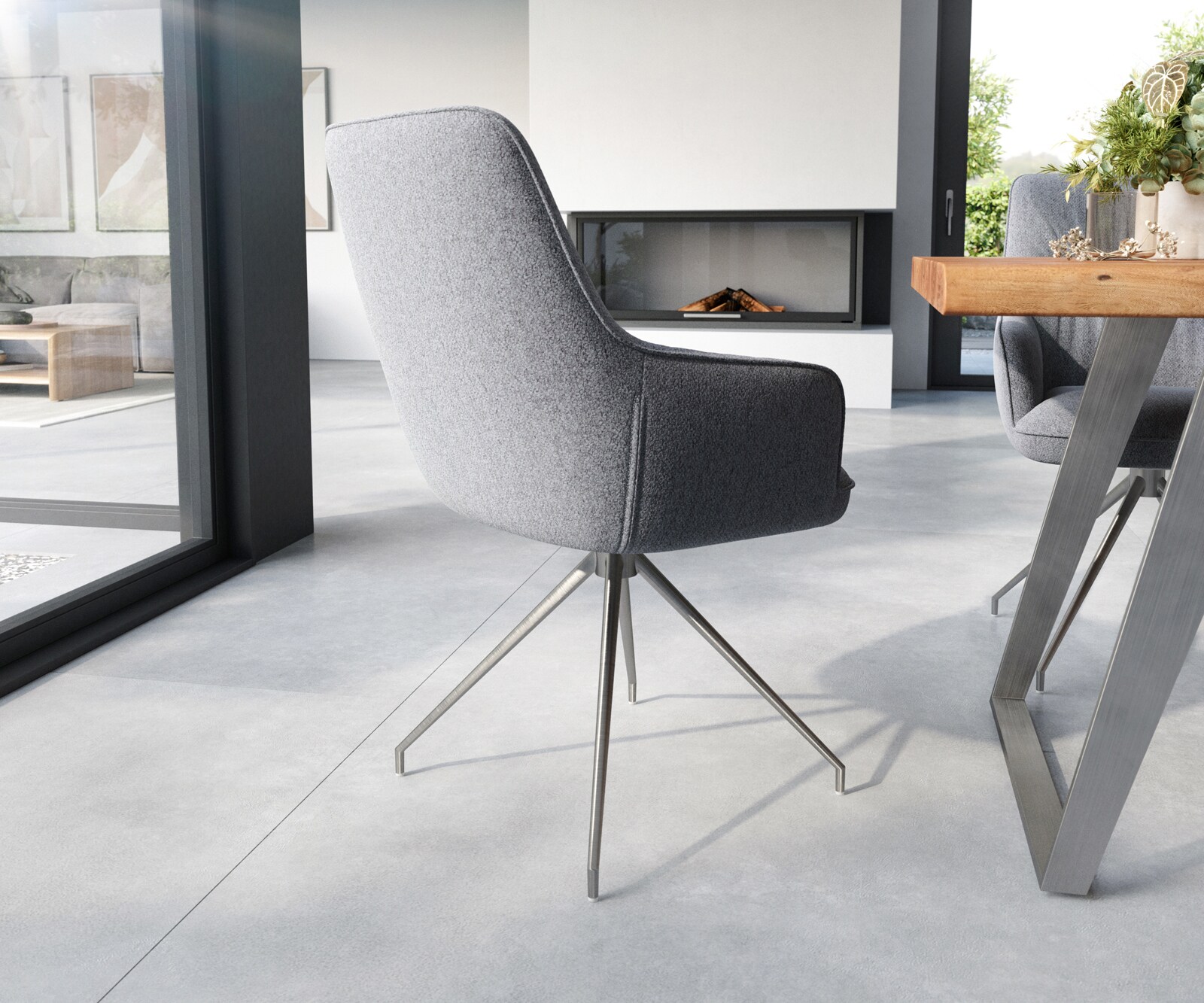 Врътящ се стол с подлакътници Дамаска СветлоСив Конус крак кръгъл Неръждаема стомана 180° въртящ се Покет пружина Zelia-Flex 5