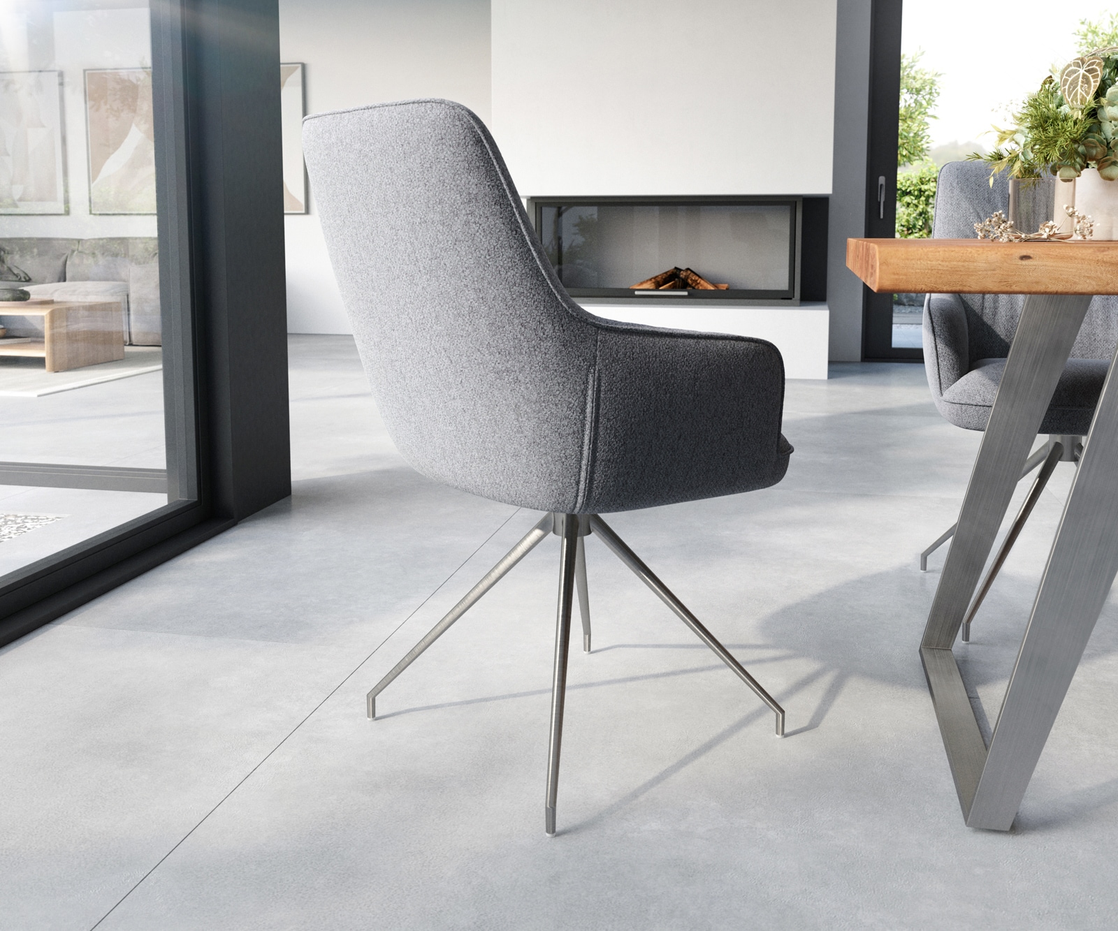 Врътящ се стол с подлакътници Дамаска СветлоСив Конус крак кръгъл Неръждаема стомана 180° въртящ се Покет пружина Zelia-Flex 5