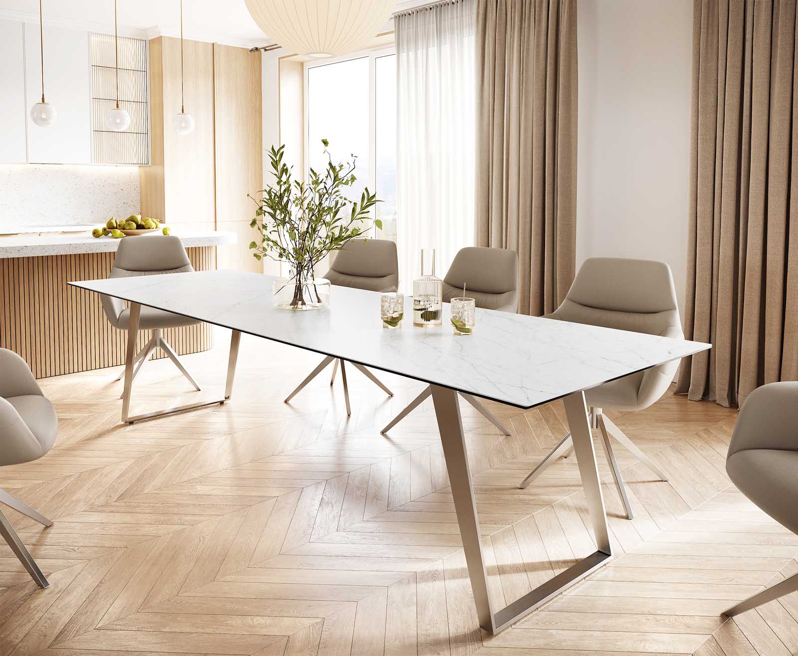 Маса 300x100 Keramik Laminam® Statuarietto Бял Неръждаема стомана под ъгъл Edge