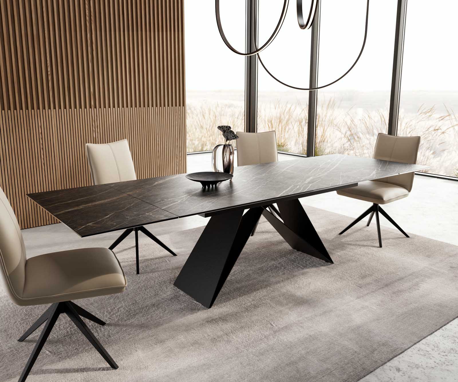 Разтегателна трапезна маса Edge 200-300х100 см Керамика Laminam®Noir Desir Тъмнокафяв V-образна метална основа Черен 6