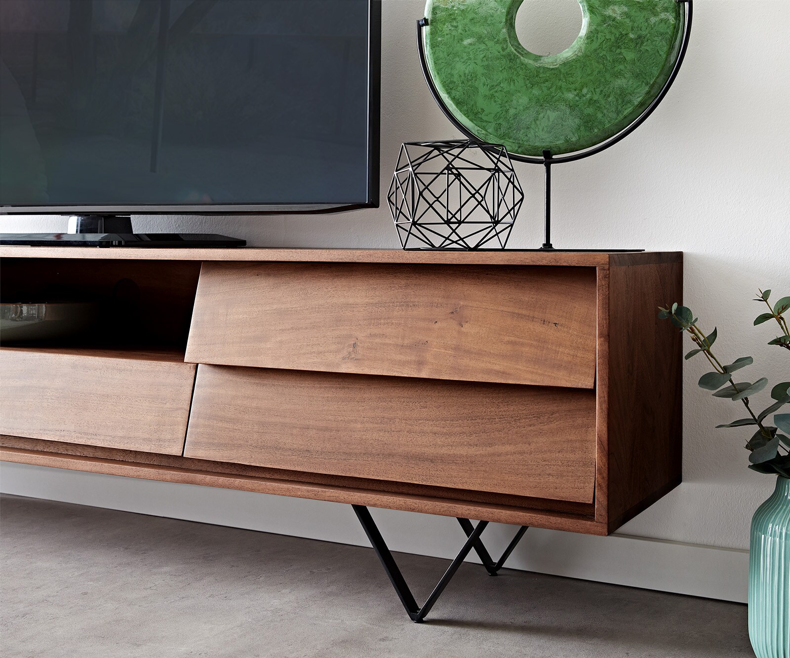 Нисък шкаф 200x35 cm Акация Кафяв 2 Врати 1 Чекмедже V-Крак Черен Eloi 4