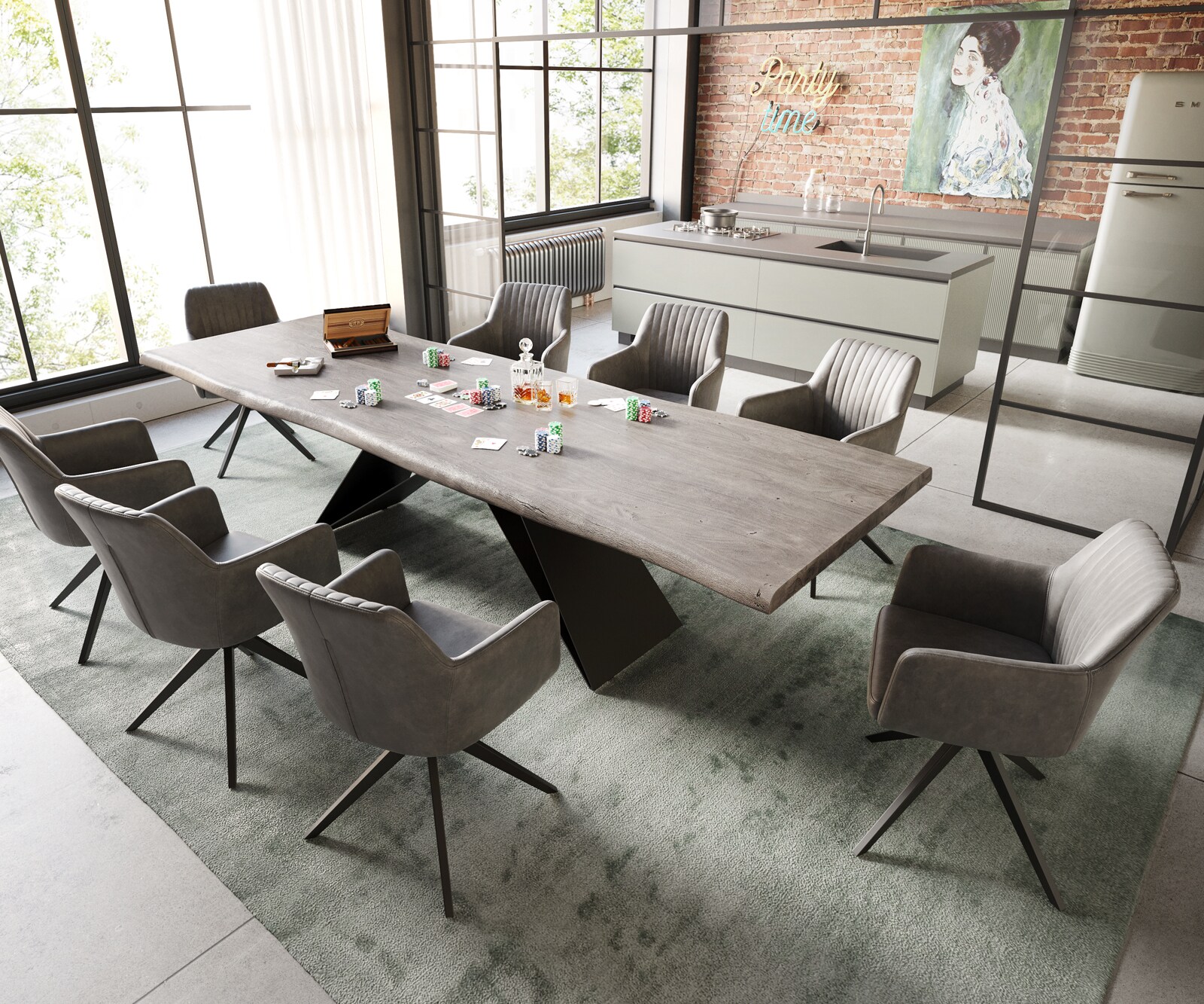 Маса 300x100 XL Акация Платинен цвят V-Рамка плоска стомана Черен Edge 4