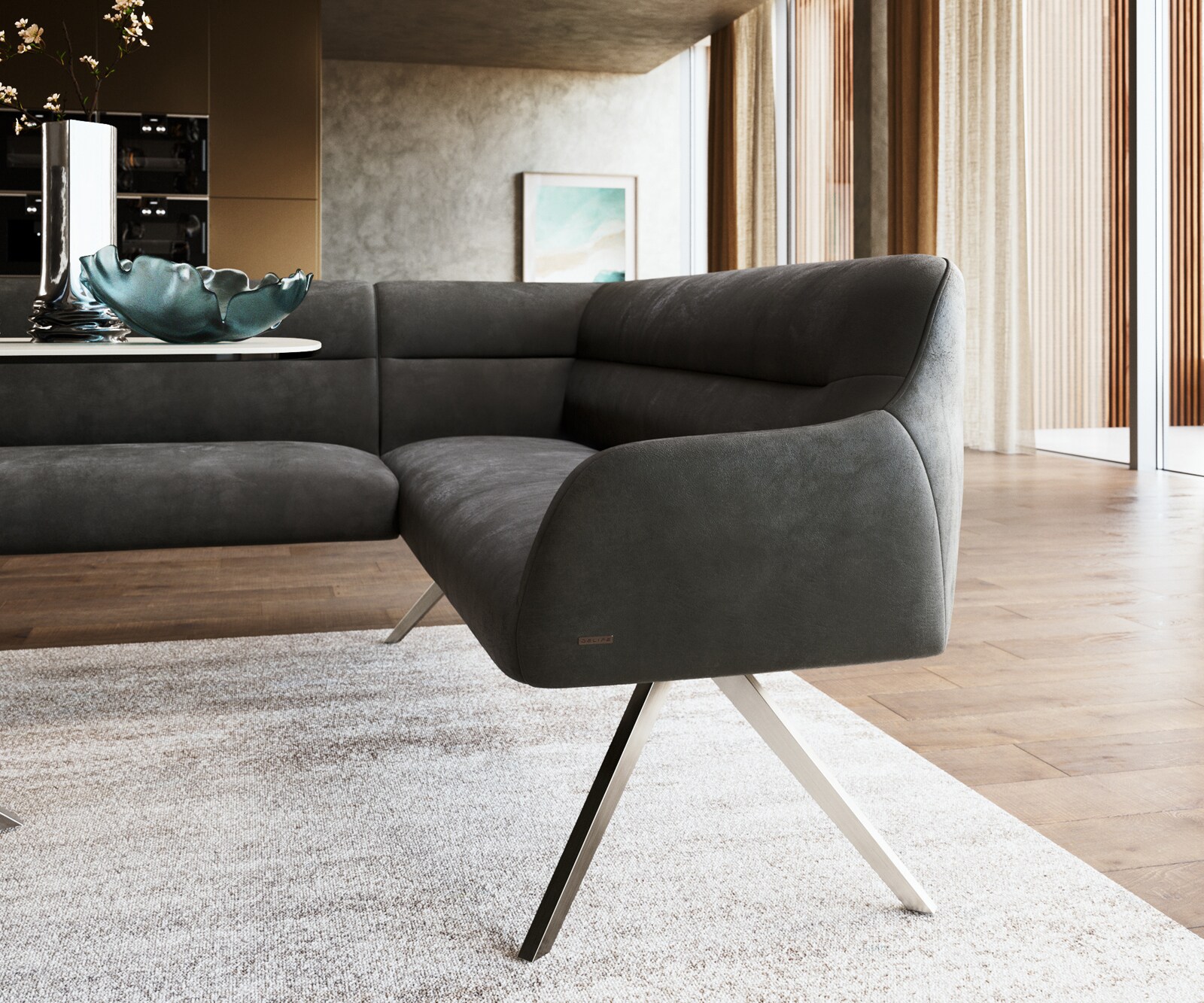 Тапицирана ъглова пейка Taya-Flex 285х190 см, Лява, Кръстосани стоманени основи, Покет пружини, Дамаска Микрофибър, Винтидж Антрацит 5