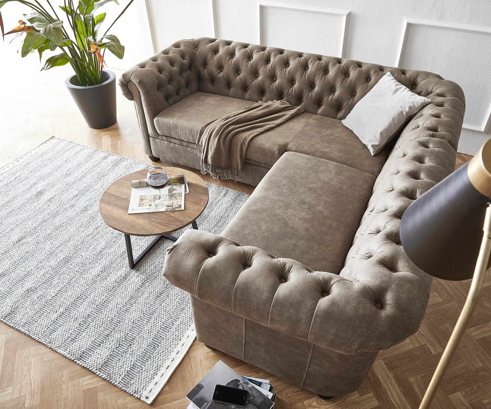 Ъглов диван 209x200 cm Таупе Капитониран Chesterfield 1
