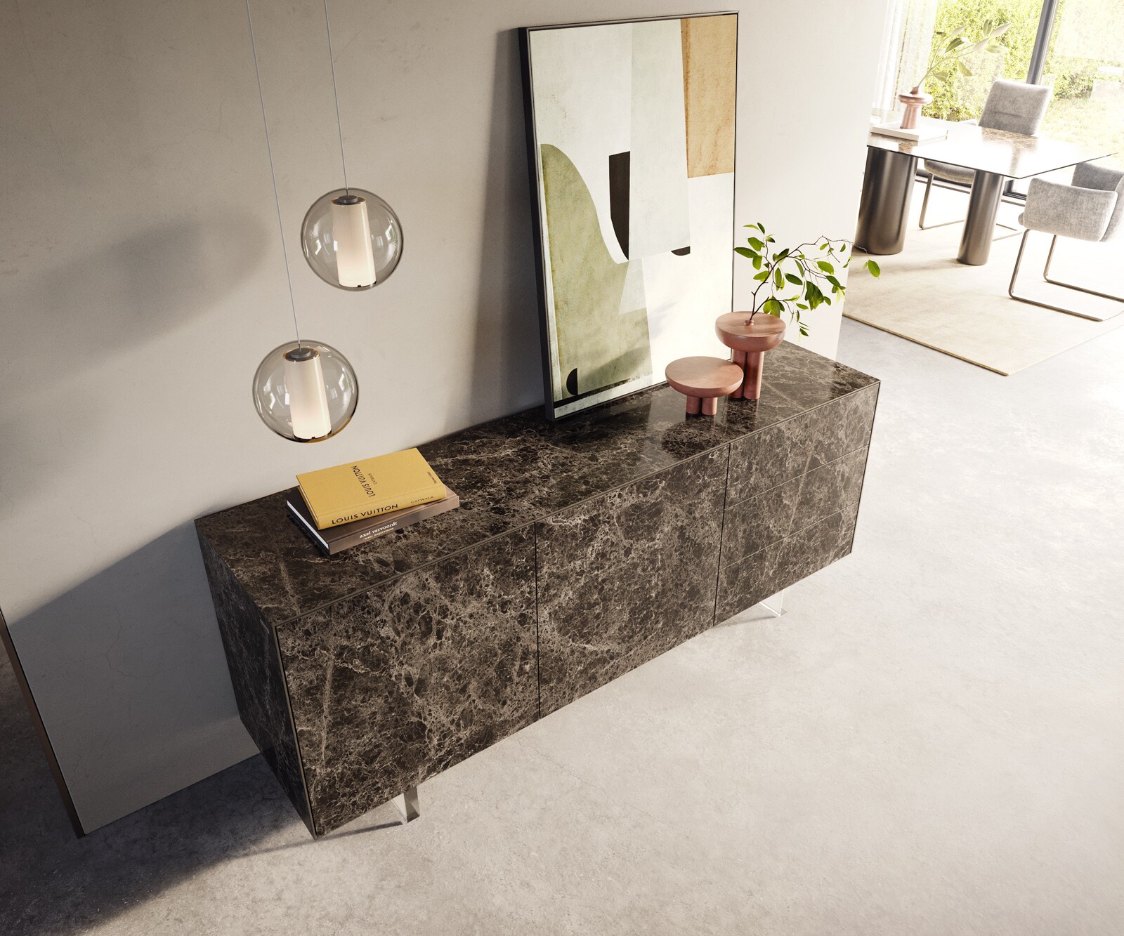 Бюфет Cuor 180 cm Керамичен ламинат® Emperador Extra Lucidato Тъмно кафяво 2 врати 3 чекмеджета Основа Плаващо акрилно стъкло 3