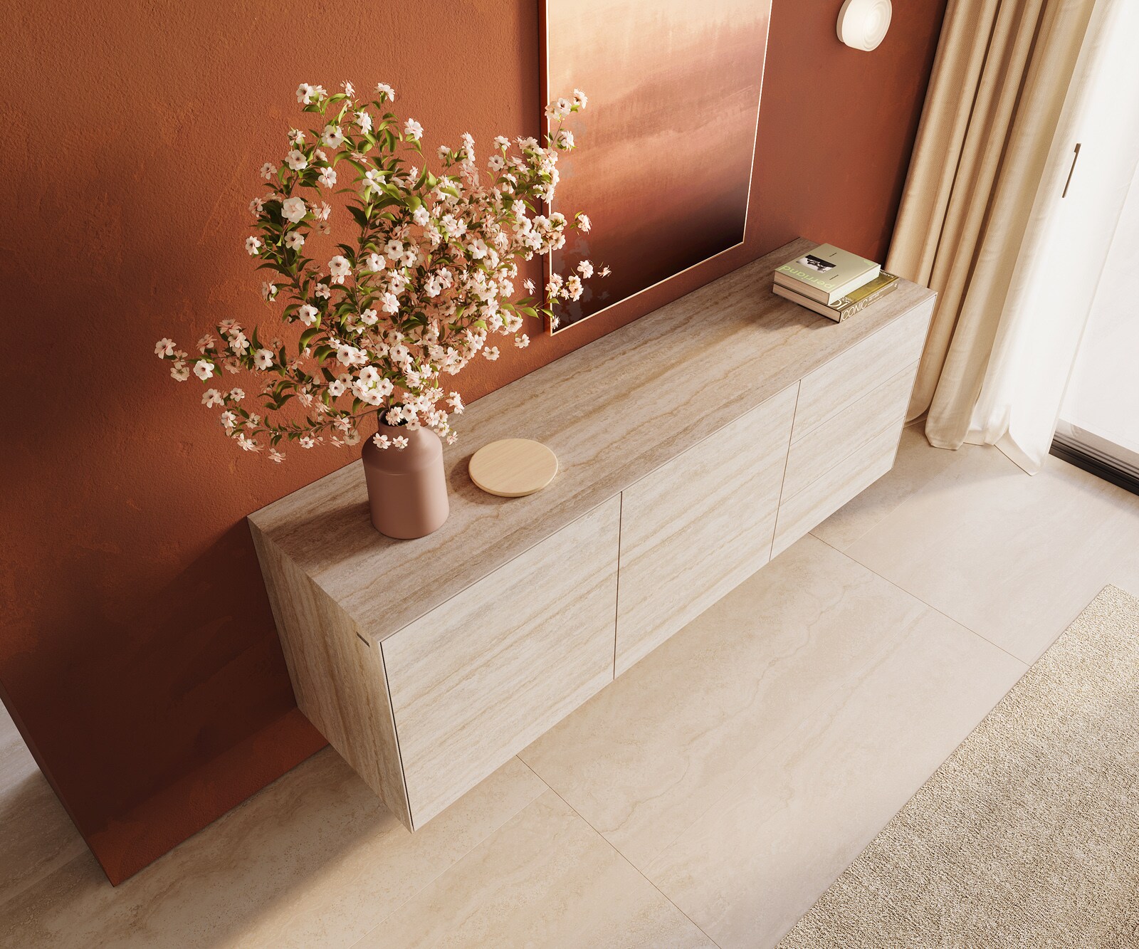 Стенен Бюфет Cuor 180 см Керамика Laminam® Travertino Bianco Кремаво-бяло 2 врати 3 чекмеджета  3