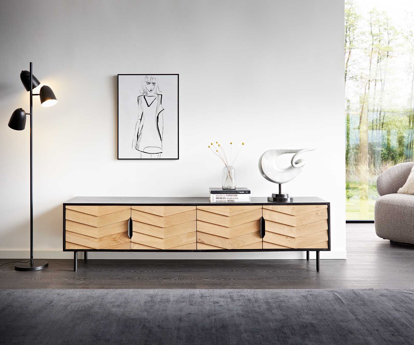 ТВ шкаф Muvi 200 cm естествен дъб манго черен метал 4 врати 2