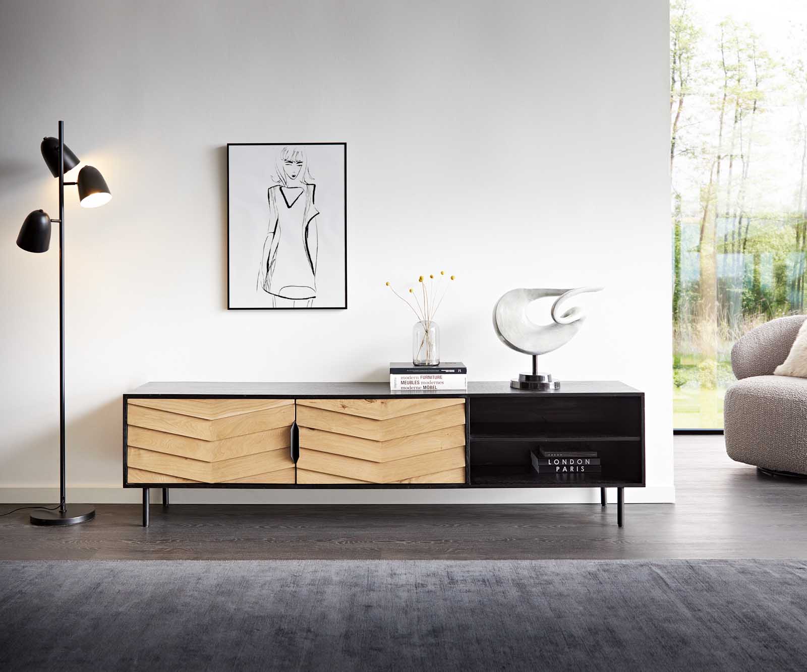 ТВ шкаф Muvi 200 cm естествен дъб манго черен метал 2 врати 2 отделения 1