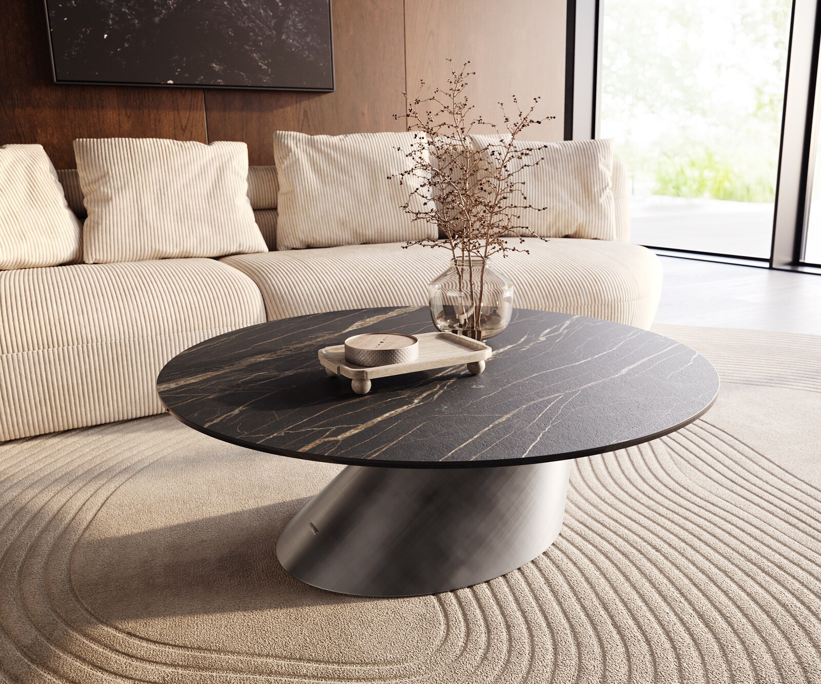 Масичка за кафе Edge Round 100x100 cm Ceramic Laminam® Noir Desir Brown Conis Metallic Silver