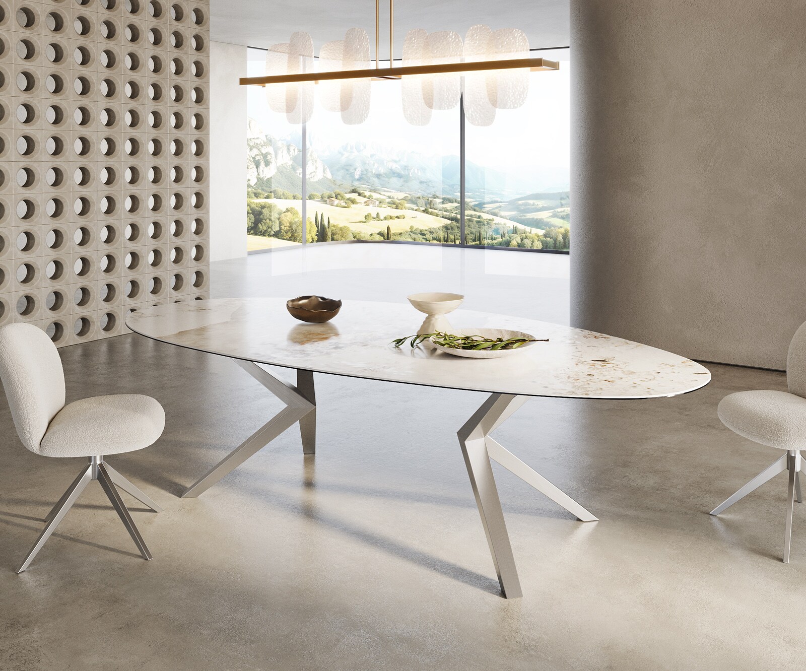 Трапезна маса Edge Oval 280x130, керамика Minas Melange, бяло-бежово, Zenthara, с остри ръбове, неръждаема стомана 3