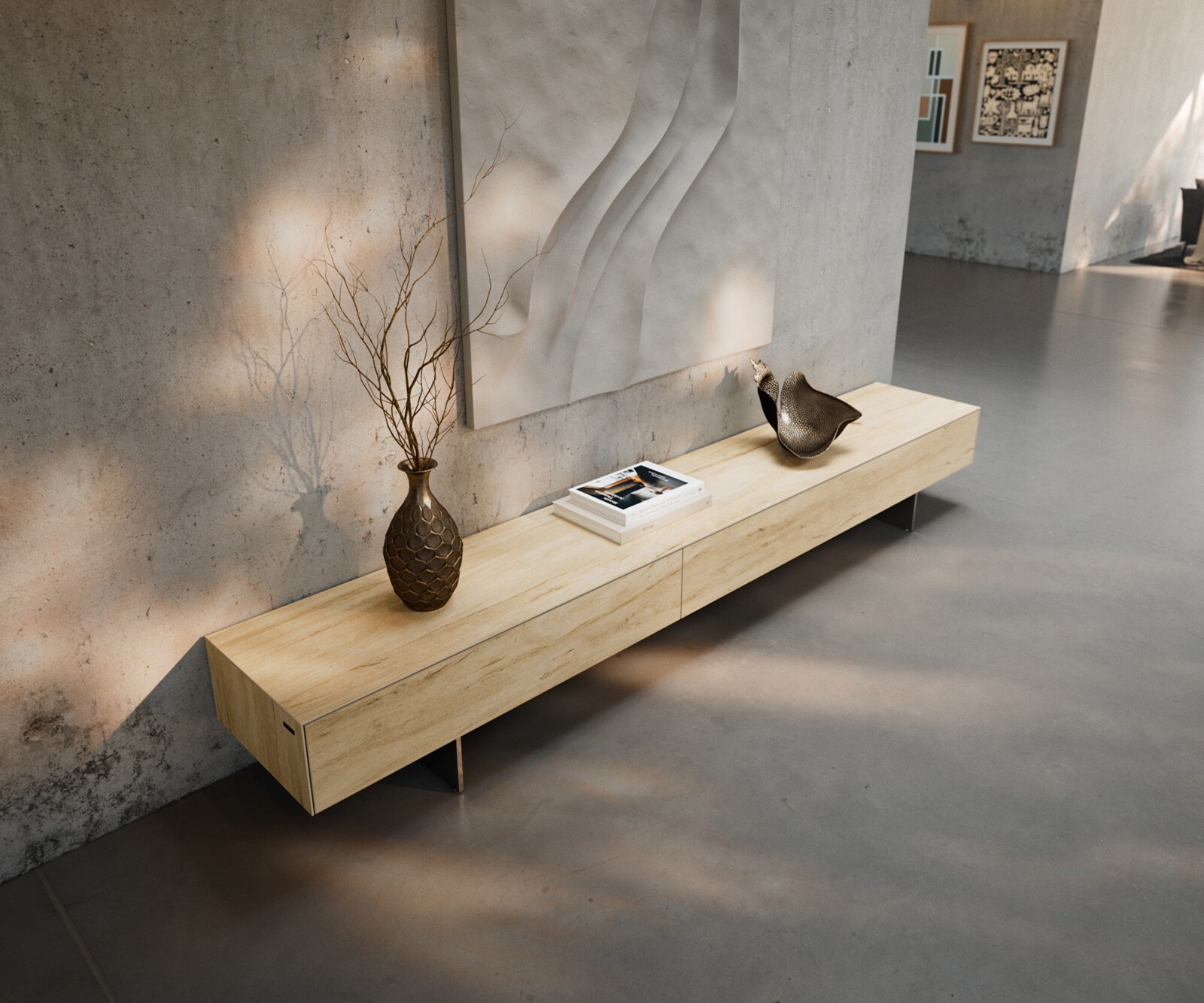 Ниска дъска Cuor 250 cm Керамичен ламинат® Sabbia Дъбов цвят 1 капак 1 чекмедже Основа Окачен вид неръждаема стомана 4