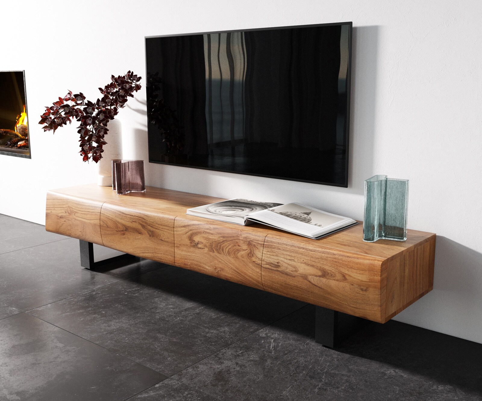 Ниска дъска New Live-Edge 175 cm акация естествена 4 вратички метален бегач черен