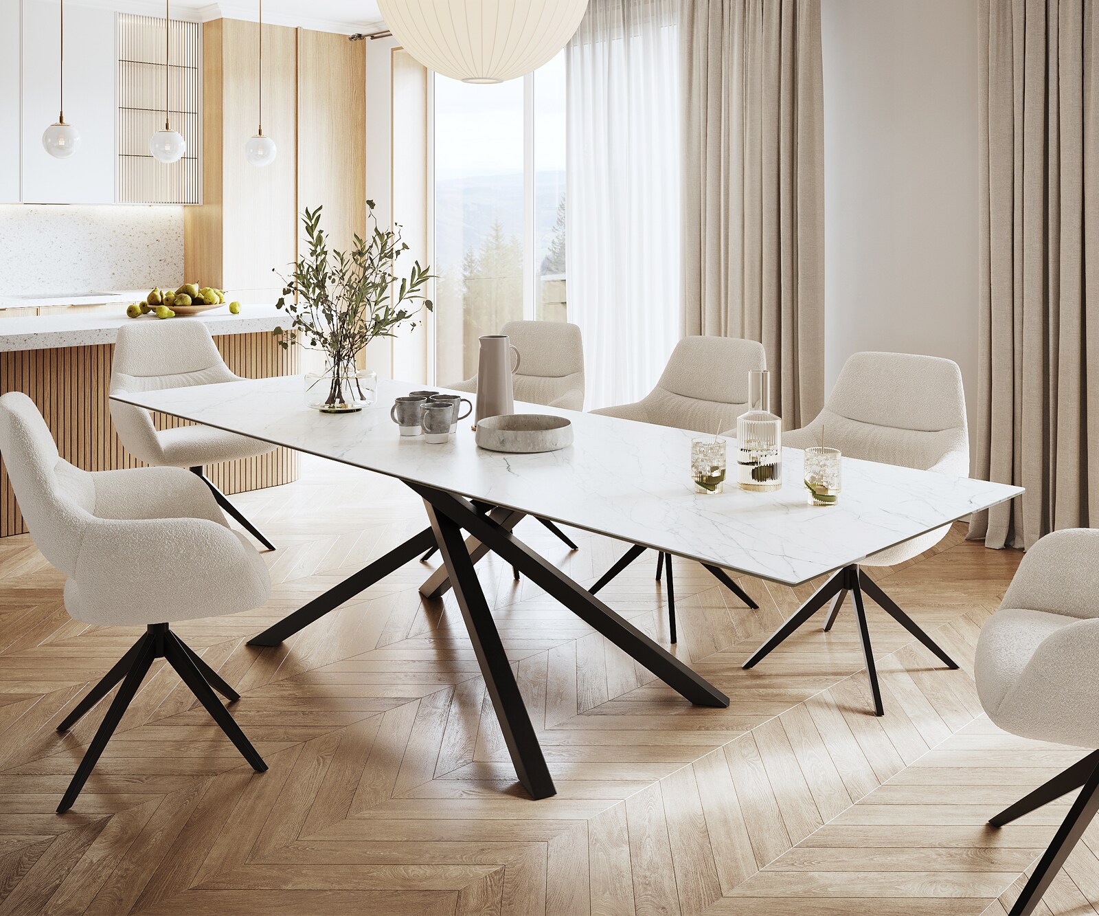 Маса 300x100cmKeramik Laminam®Statuarietto Бял среден крак Кръст Черен Edge 1