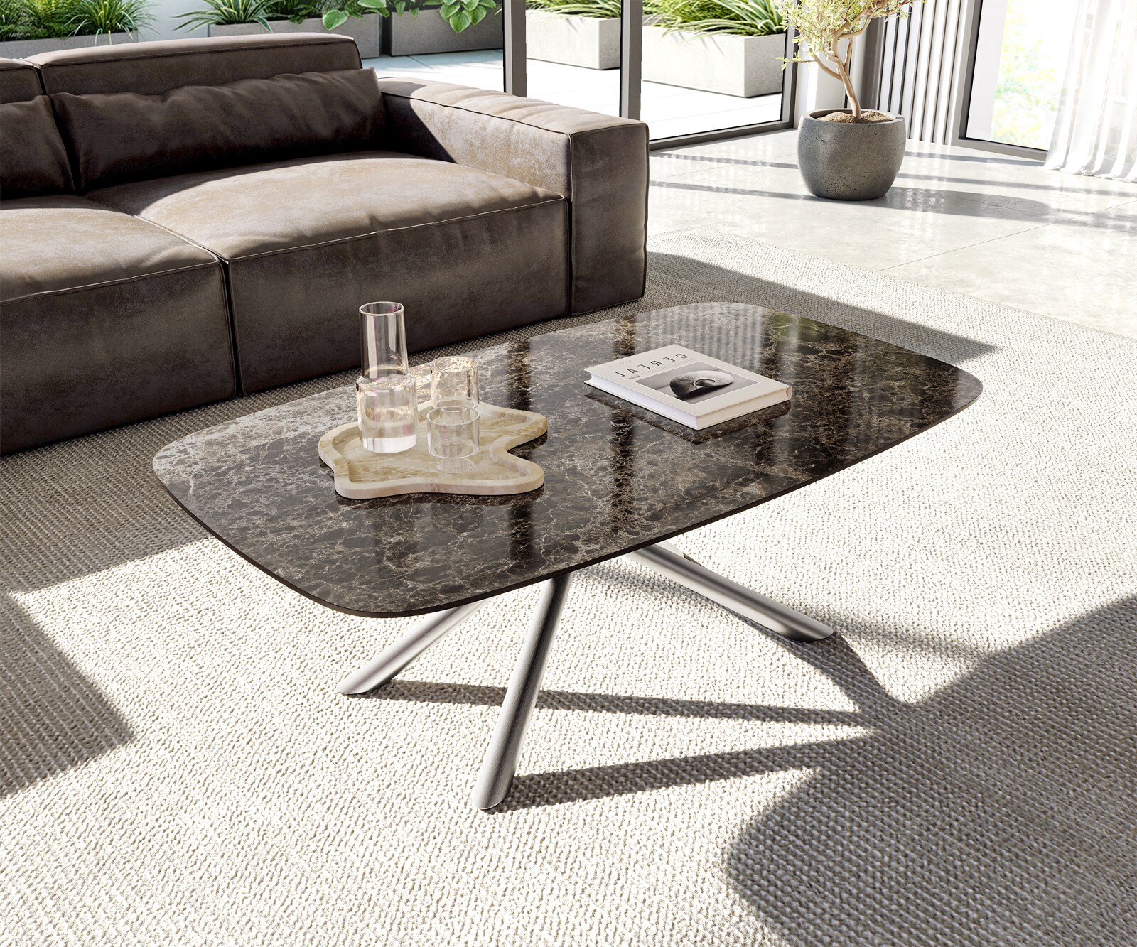 Масичка за кафе Edge Boot 120x70 cm Керамичен ламинат® Emperador Extra Lucidato Тъмно кафяво Sarity Матирана неръждаема стомана