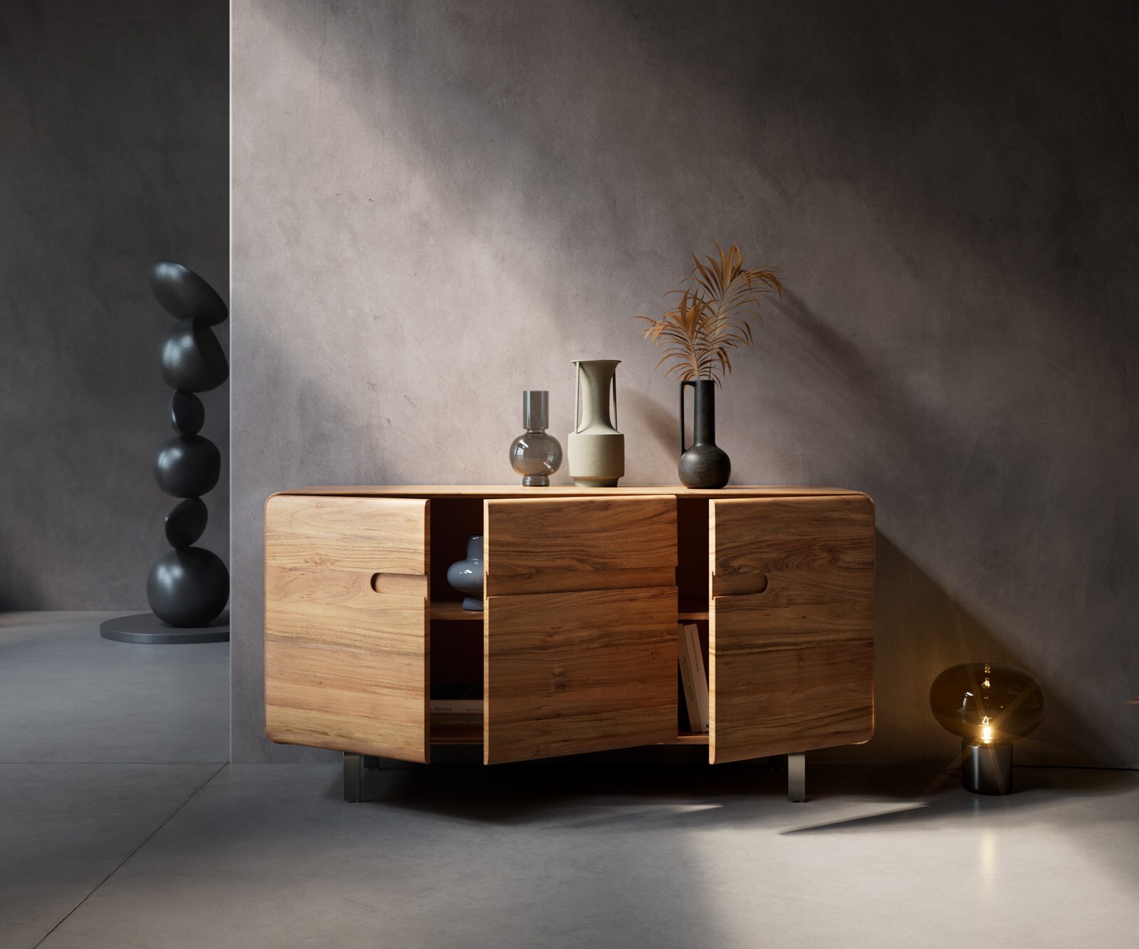 Бюфет Anaya 145 cm естествена акация 3 врати L-крак неръждаема стомана 5