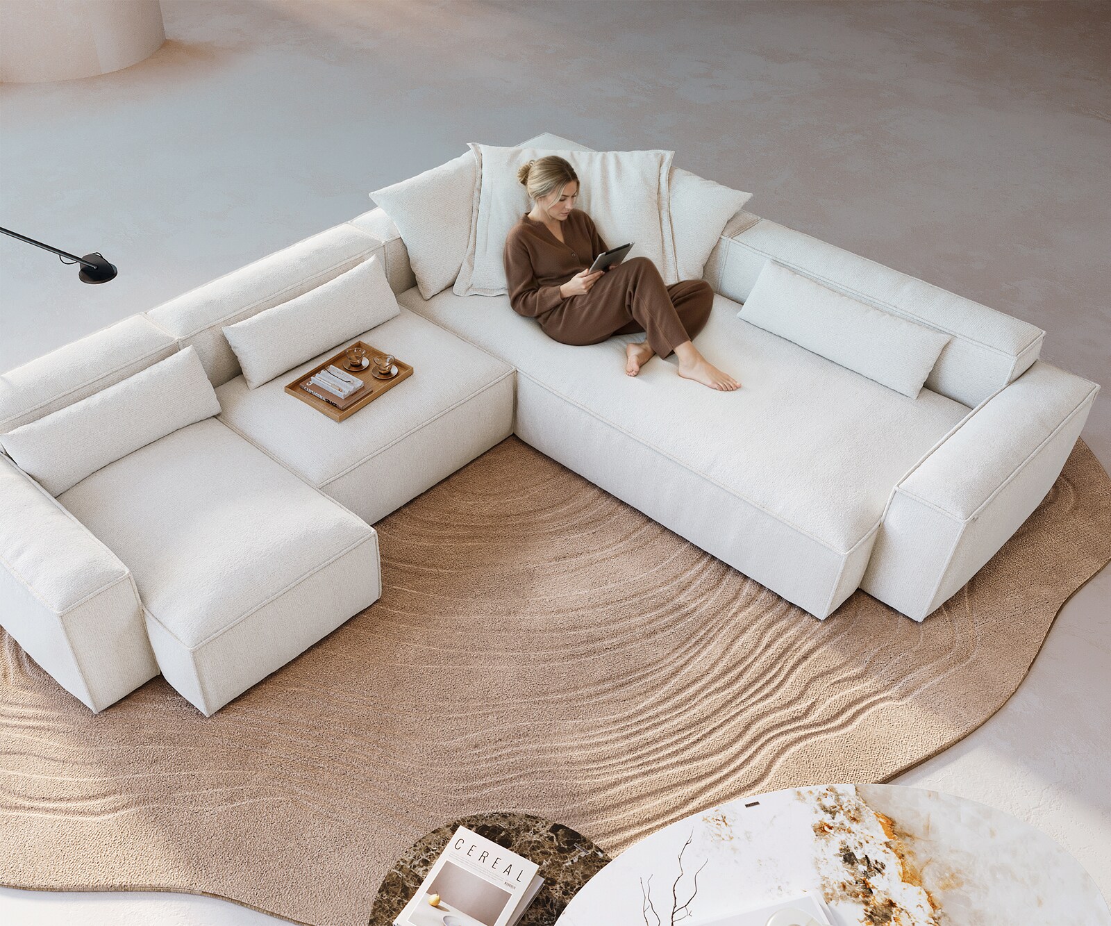 Дневен кът Freestyle 360x290 cm Bouclé Soft Beige с тръбен шев 3