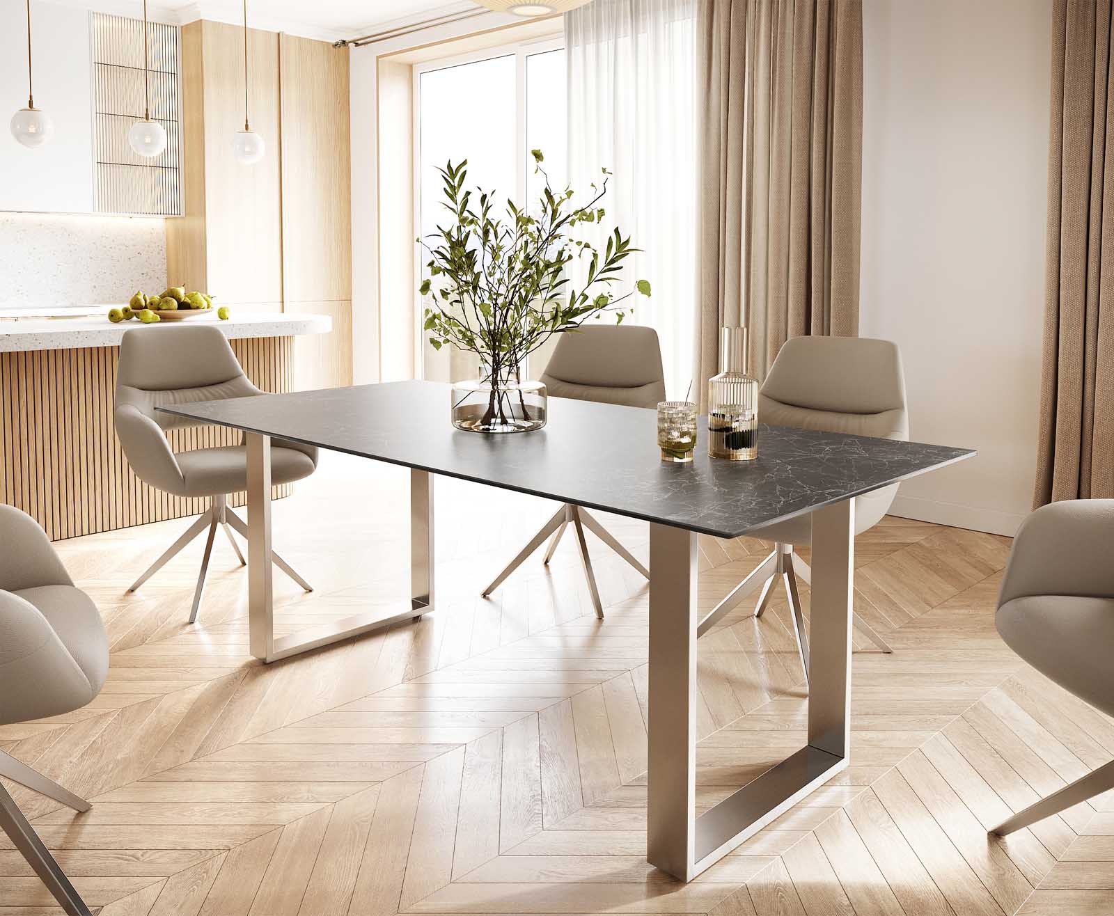 Маса 200x100 Keramik Laminam® Nero Greco Антрацит Неръждаема стомана Тесен профил Edge